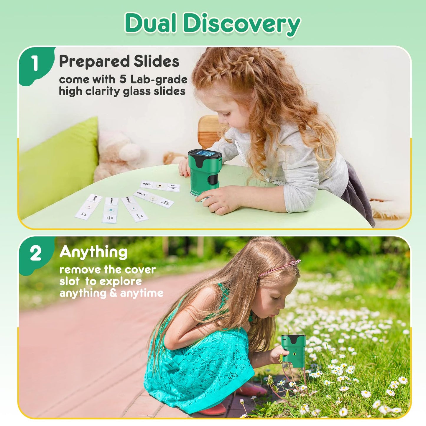 1000X Handheld Microscope for Kids 4K 2.0" Screen Rechargeable Mini Pocket Digital Microscopes w/Slides Kit Portable Edu Gift Age 4-6 8-12 Children Students (Green)