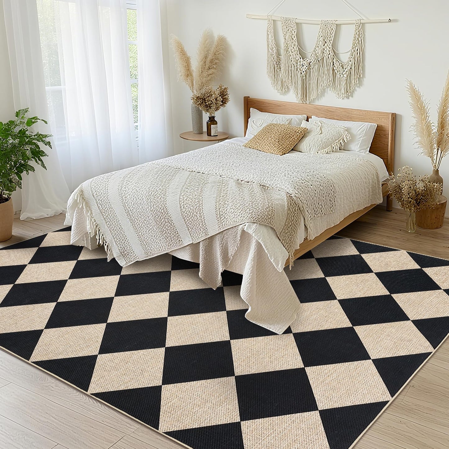 GarveeHome Checkered Easy Jute 5x7 Area Rugs for Living Room Machine Washable Non-Slip Backing Stain Resistant Modern Indoor Outdoor Rugs for Farmhouse Dining Room Patio Black