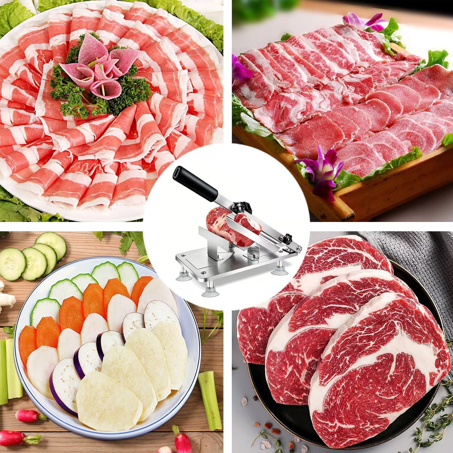 Manual Meat Slicer Frozen Meat Cutter Upgraded Stainless Steel Meat Cleavers Beef Mutton Roll Slicing Machine Vegetable Meat Slicer for Home Cooking Hotpot Shabu WG(Silver,17"x7")