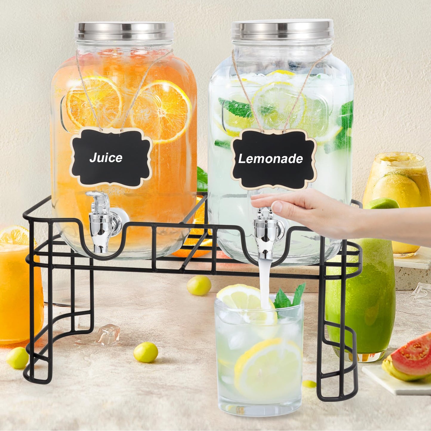 1 Gallon Glass Drink Dispensers For Parties-Set of 2,Drink Dispenser with Fruit Infuser & Stand,Juice or Beverage Dispenser for BBQ, Picnic, Party,Laundry Detergent Dispenser