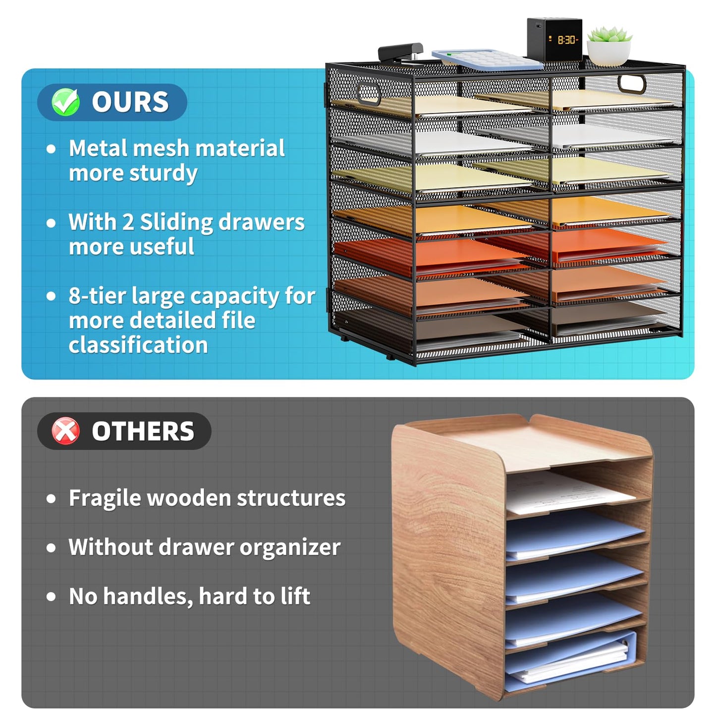 Marbrasse 8 Tier Desktop Literature Organizer, Mesh Paper Organizer Desk Organizers, File Sorter Mail Center Paper Storage Cabinet Classroom Keepers Mailbox for Office Home School, Black