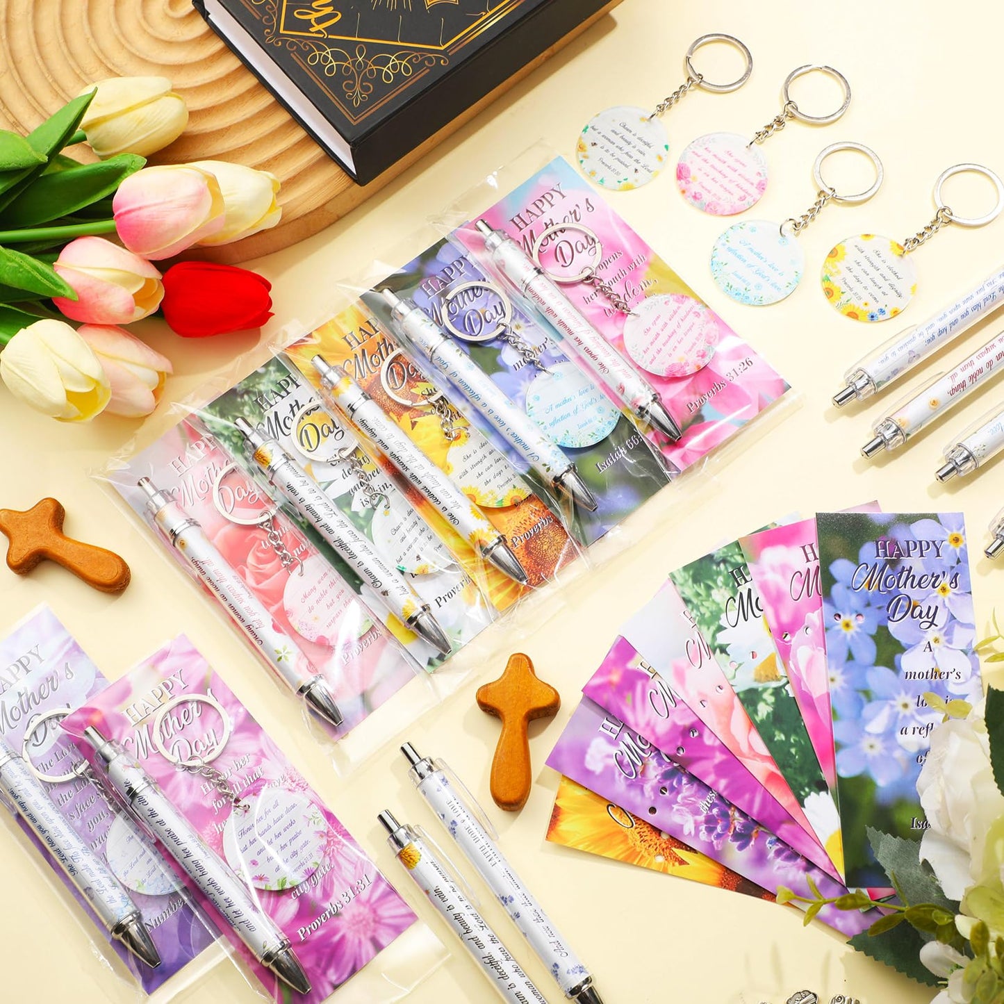 Glenmal 30 Sets Christian Mothers Gifts Bulk Bible Verse Ballpoint Pens Floral Scripture Keychain Religious Happy Mother's Day Bookmarkers Inspirational Church Gifts for Mom Prayer Supplies