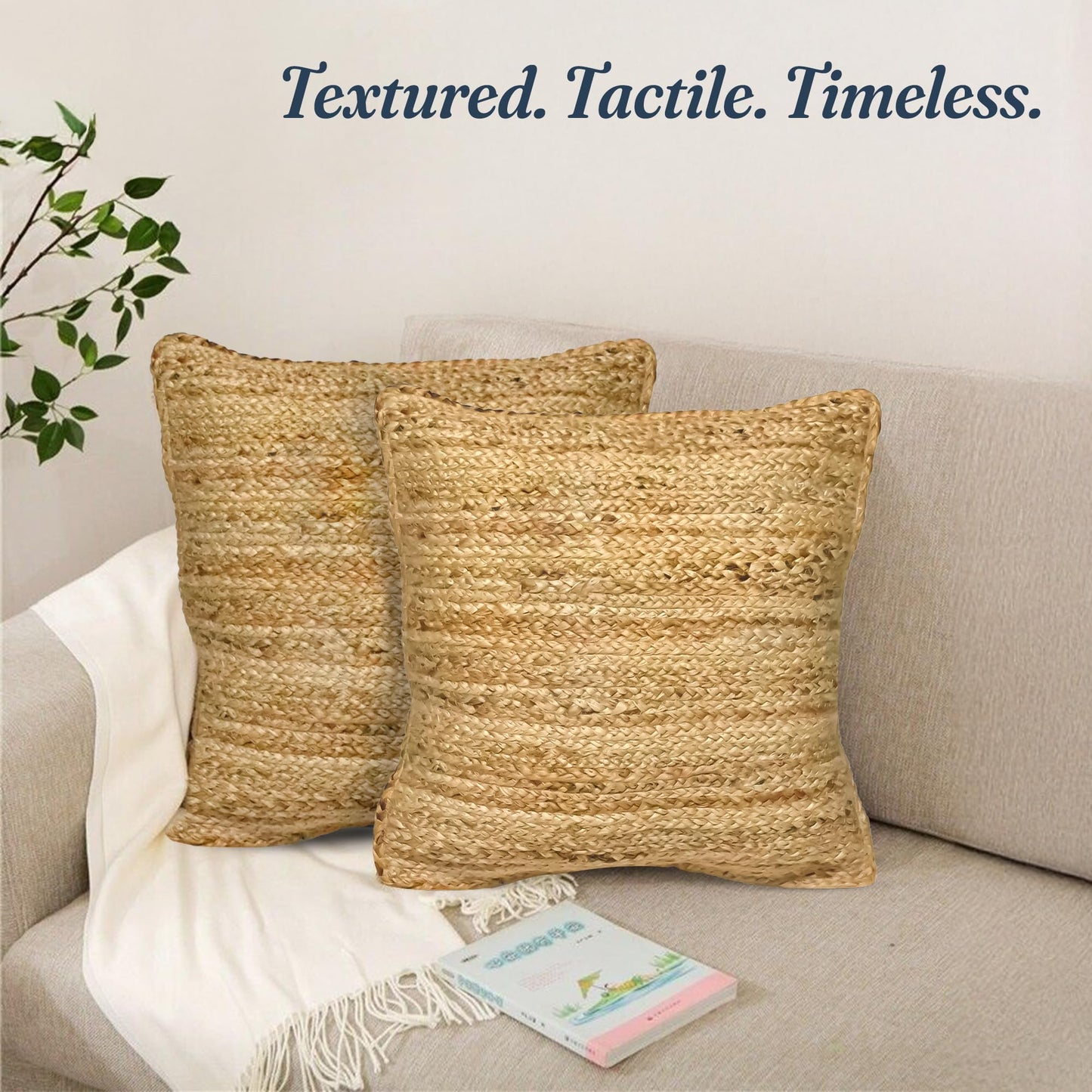 The Fine Living Co. Jute Pillow Covers 18x18 Set of 2, Braided Jute Throw Pillows, Indoor Outdoor Boho & Farmhouse Decor, Natural Decorative Cushion Covers for Couch, Living Room & Patio