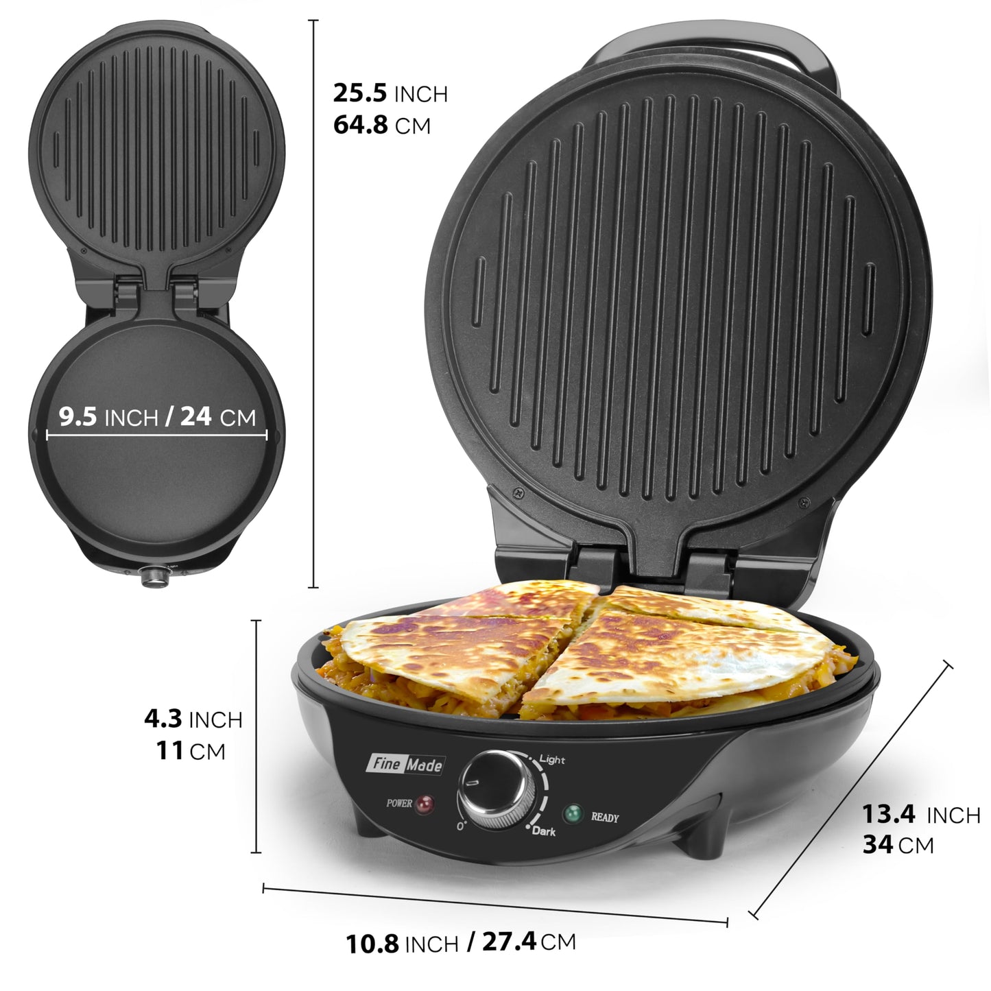 FineMade Electric Griddle Nonstick, Multi-Funtional Quesadilla Maker 10 Inch, Electric Grill Indoor, Pancake Griddle & Pan, Smokeless Indoor Grill, Non-stick Surface, Black