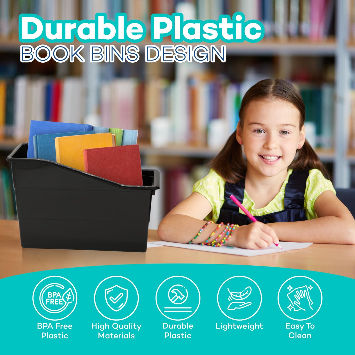 4E's Novelty 6 Durable Book and Binder Holder, Files Book Bins for Classroom, Plastic Vertical Storage Book Organizer Folder Office Classroom Organization Containers Supplies (Black)