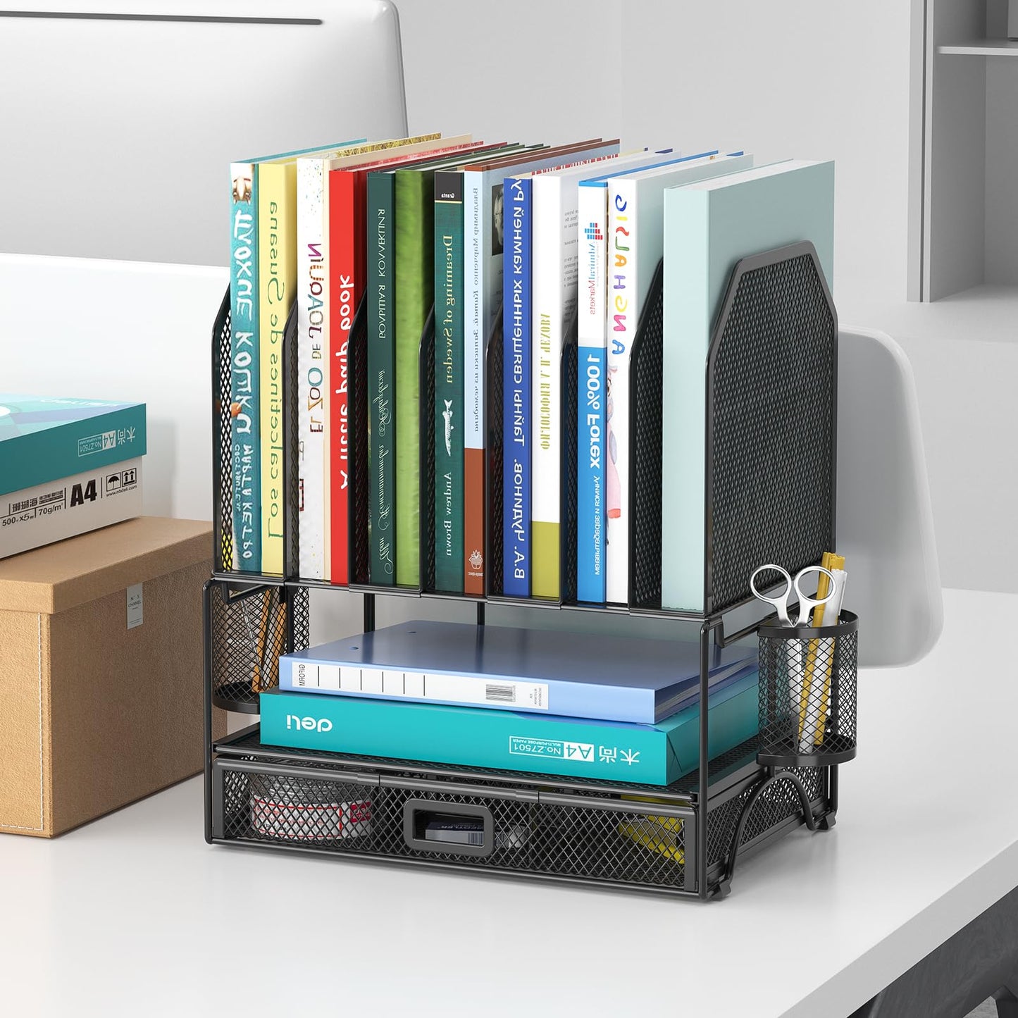 FANXIYQ Metal Desk Organizer with Adjustable Compartments, Black Office Desk Accessories for Home & Work, 7-Section Desktop File Folder Storage, Hanging Pen Holder, Bill Organizer for Desk