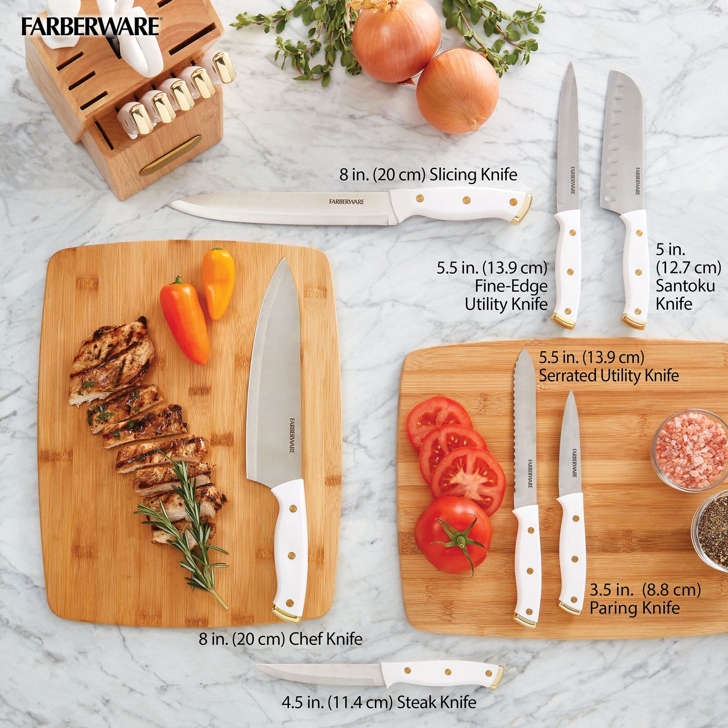 FARBERWARE 15-Piece Knife Block Set, Triple-Riveted High-Carbon Stainless Steel Kitchen Knives, Razor Sharp Blades, Wood Storage Block, White/gold