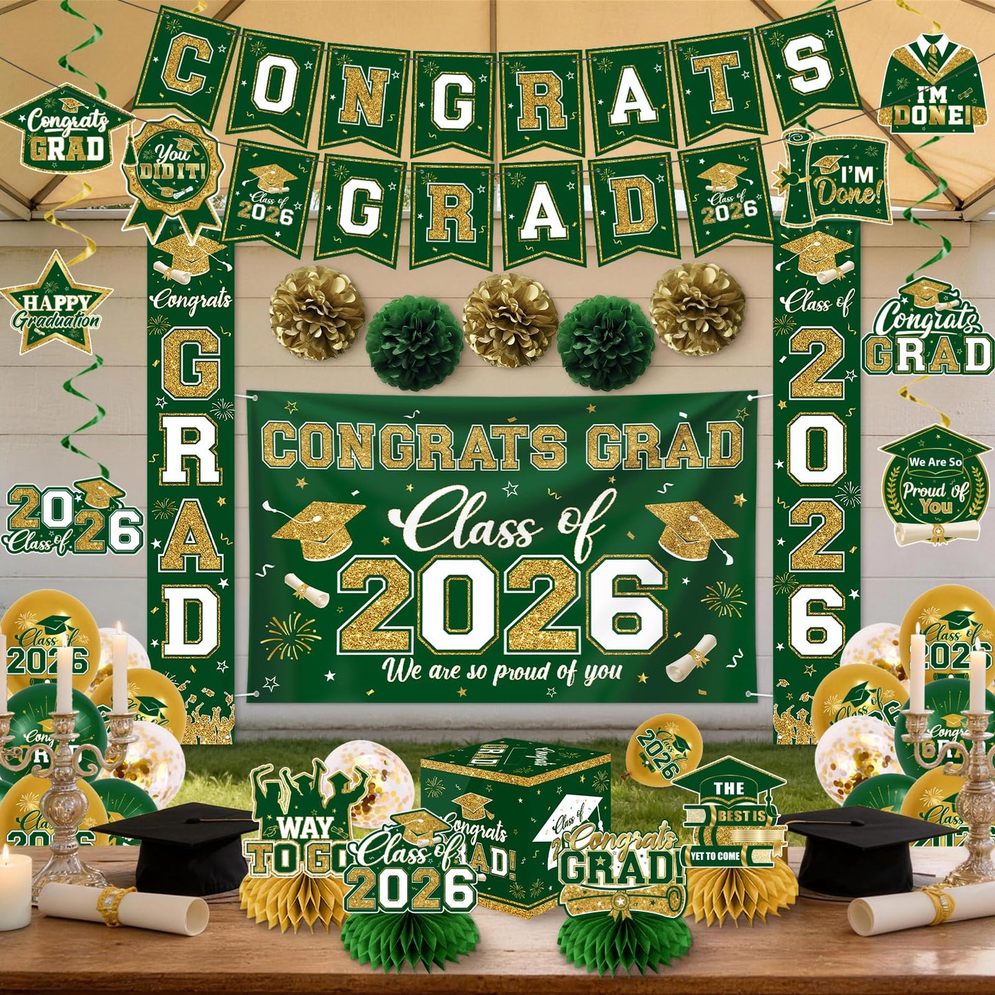 Green and Gold Graduation Decorations 2026 Set, All-in-1 Kit with Congrats Grad Banner Class of 2026 Backdrop Porch Sign Balloons Centerpieces Card Box Pom Poms Streamers for College High School