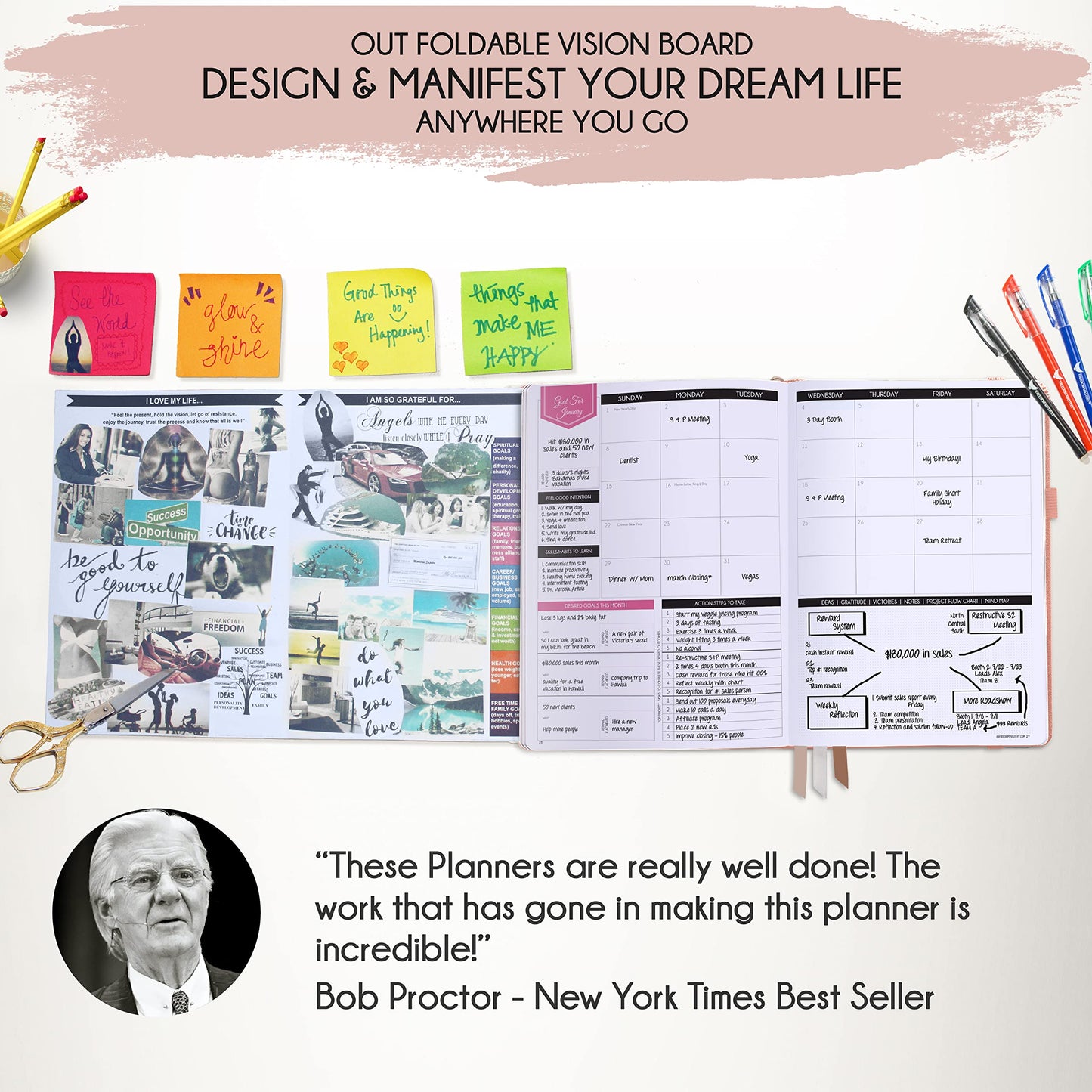 Manifestation Journal โ Hourly, Weekly & Monthly Planner | 12-Month to Increase Productivity, Life Organizer & Goal Planner | Spiral Journal, Habit Tracker, Foldable Vision Board, Gift Box & Stickers