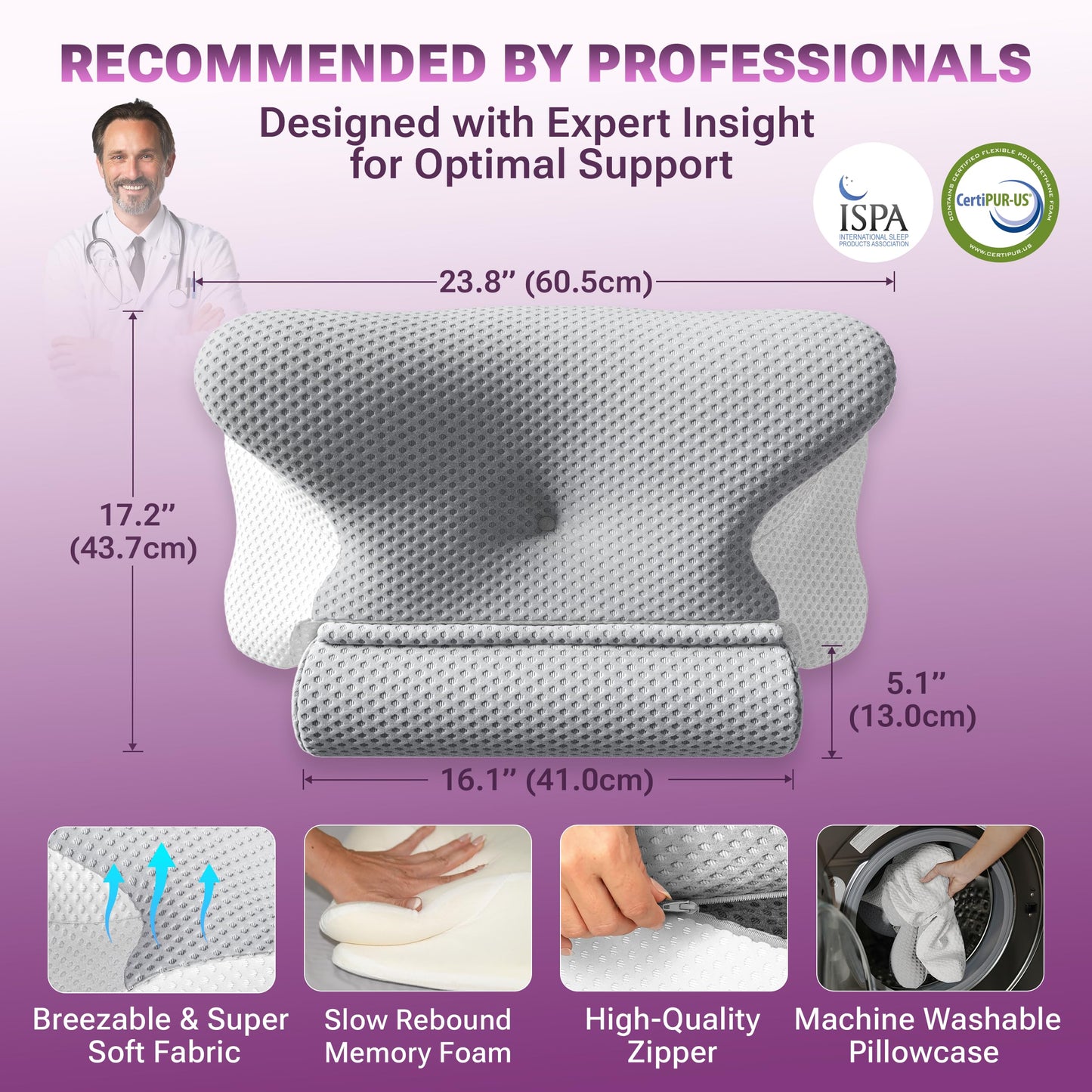 3-in-1 Orthopedic Pillow, Cervical Neck Pillow for Sleeping, Adjustable Height Memory Foam Neck Pillow and Detachable Roll, Contour Pillow for Neck Pain Relief for All Sleeping Positions (Gray)