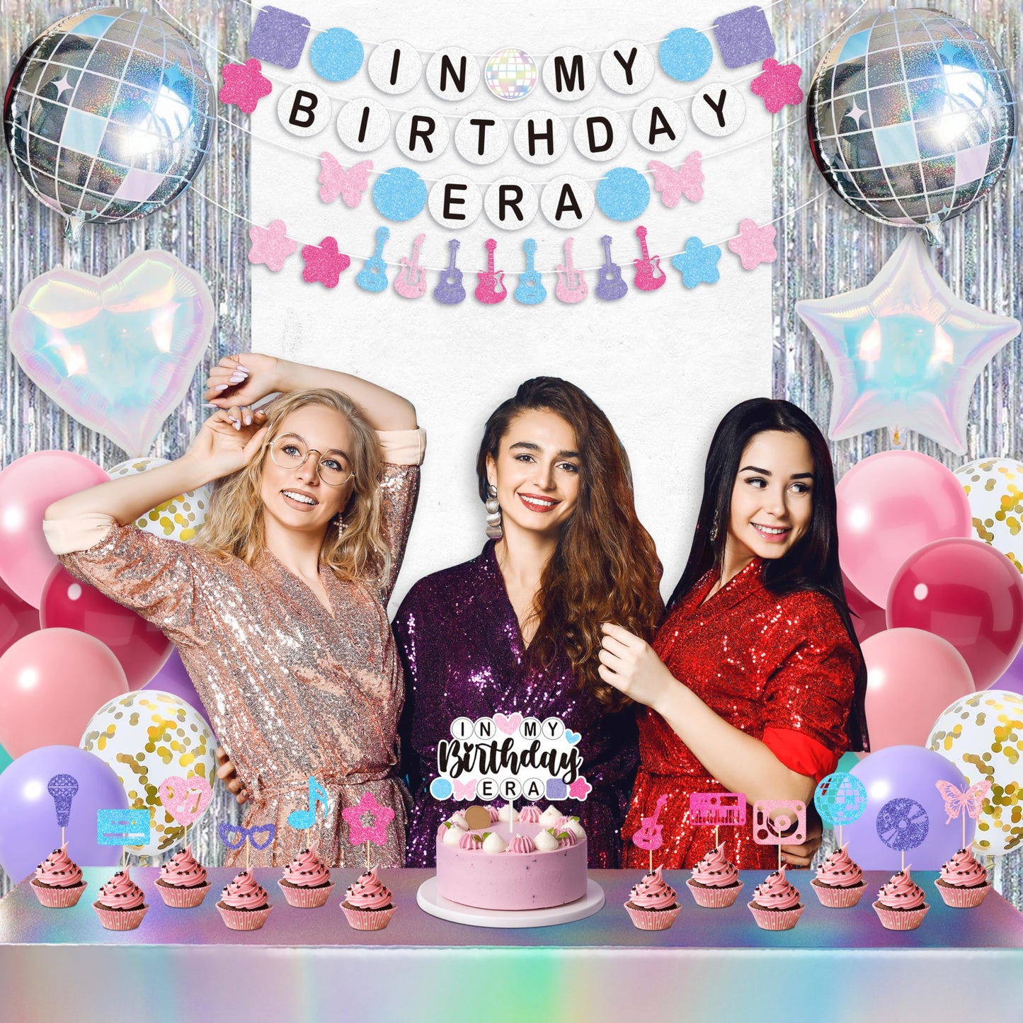 In My Birthday Era Decorations, Music Birthday Decorations, Popular Singer Theme Party Supplies for Girls Pink Purple Balloon Arch Friendship Bracelet Garland Backdrop Cake Toppers Hanging Swirls