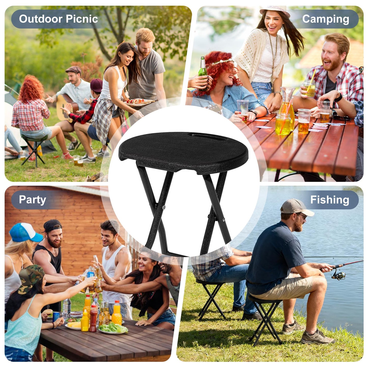 VECELO Folding Stool 18" with Handle, Solid Bottom Support, Iron X-Frame, 500 lbs Capacity, Anti-Slip Feet, Easy Clean, Lightweight Foldable Stool for Camping, Kitchen, Vanity and Outdoor, Black