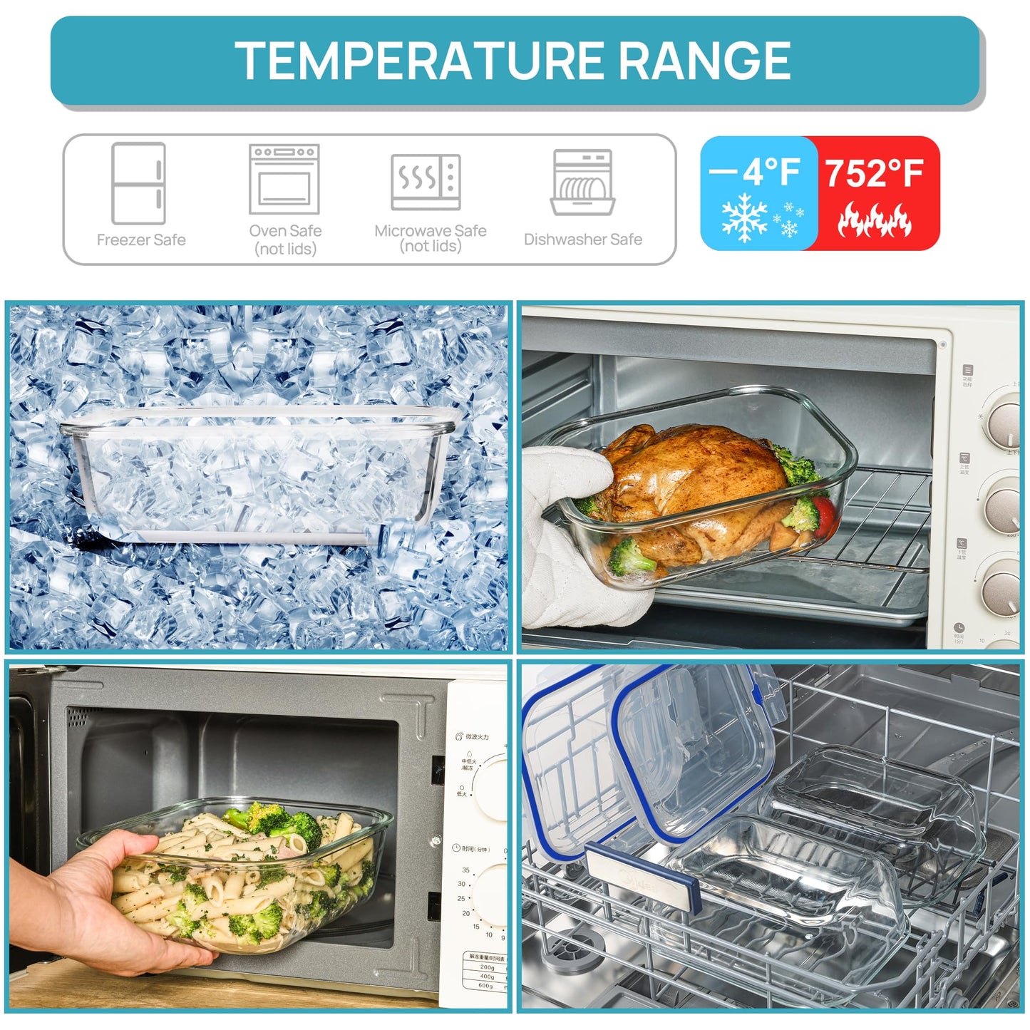 Vtopmart 2Pack 2260ml/ 76.4oz Large Glass Storage Containers with Lids, Meal Prep Food Container Set with Snap Airtight Lid for Baking, Microwave, Oven, Leak Proof, for Freezer, Dishwasher, Blue