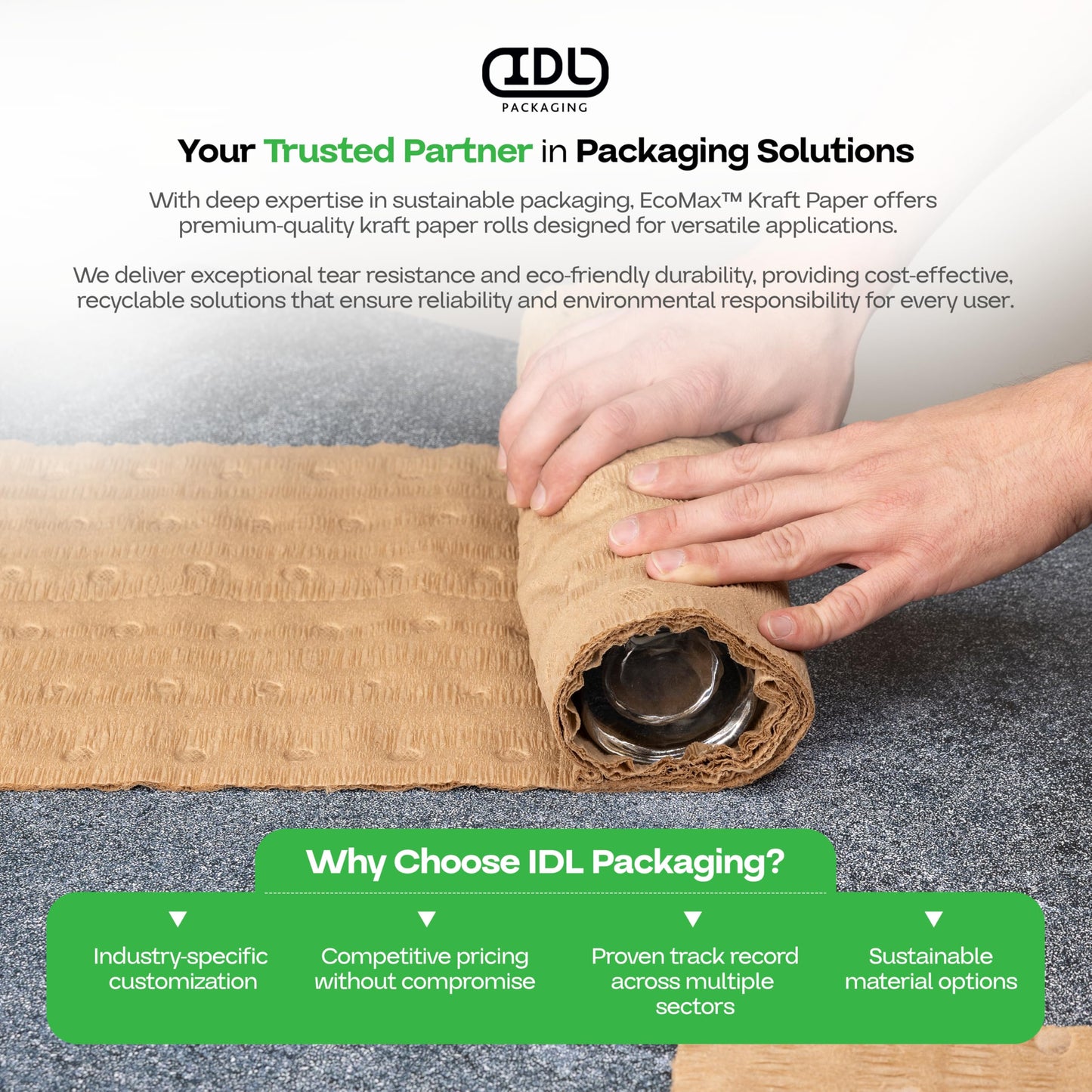 IDL Packaging 12" x 50' EcoMax Kraft Paper Cellulose Wadding (1 Roll) - Cushioning Wrapping and Box Void Filling - Soft and Gentle Packing for Shipping, Moving, and Storing Fragile Items