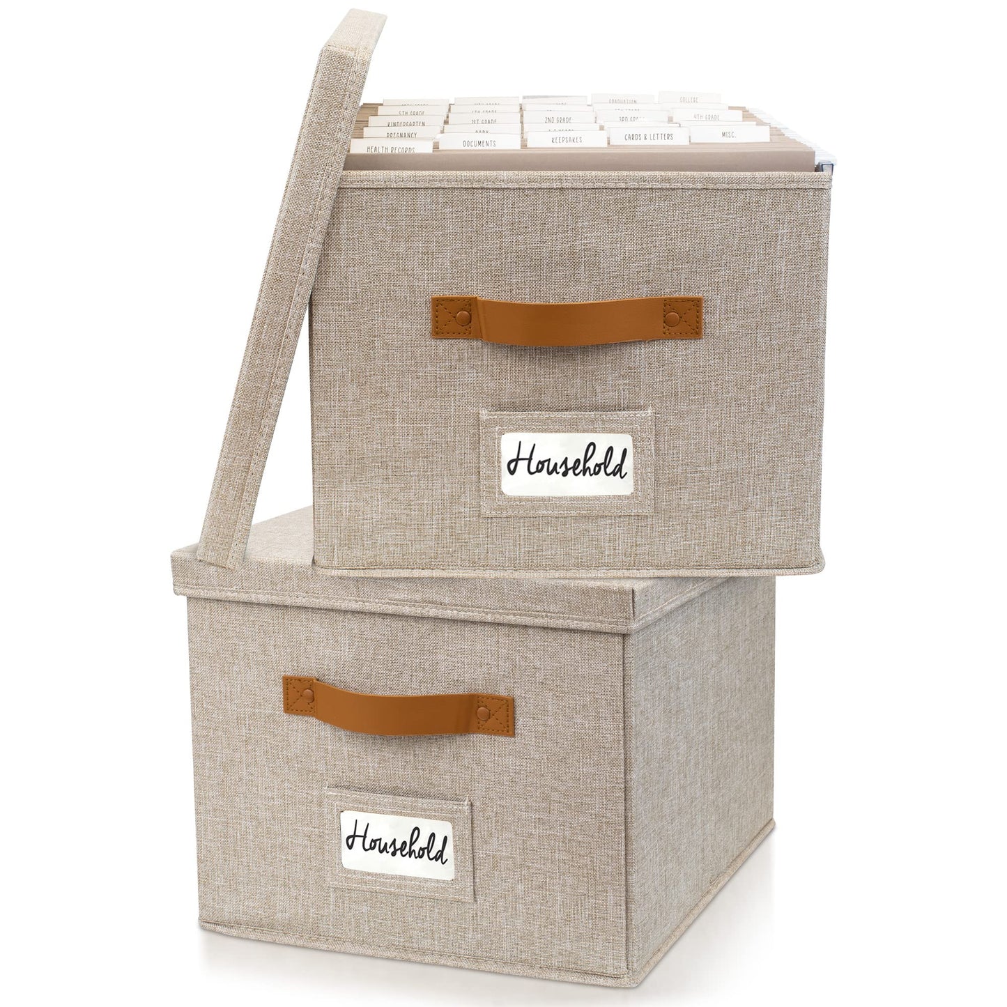 Decorative File Organizer Box Set of 2 - Collapsible Linen Filing Cabinets with Handles Are Perfect to Store All Your Documents & Hanging File Folders - Portable Easy Slide Office Crates with Lid