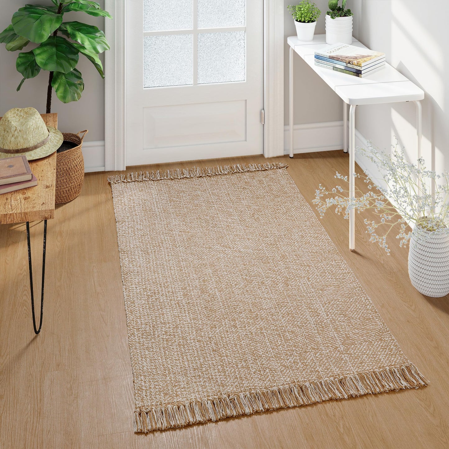 Collive Washable Area Rug 3' x 5', Modern Farmhouse Woven Kitchen Rugs, Tan/Cream Indoor Outddor Mat Braided Throw Carpet for Entryway Bedroom Nursery Laundry Living Room