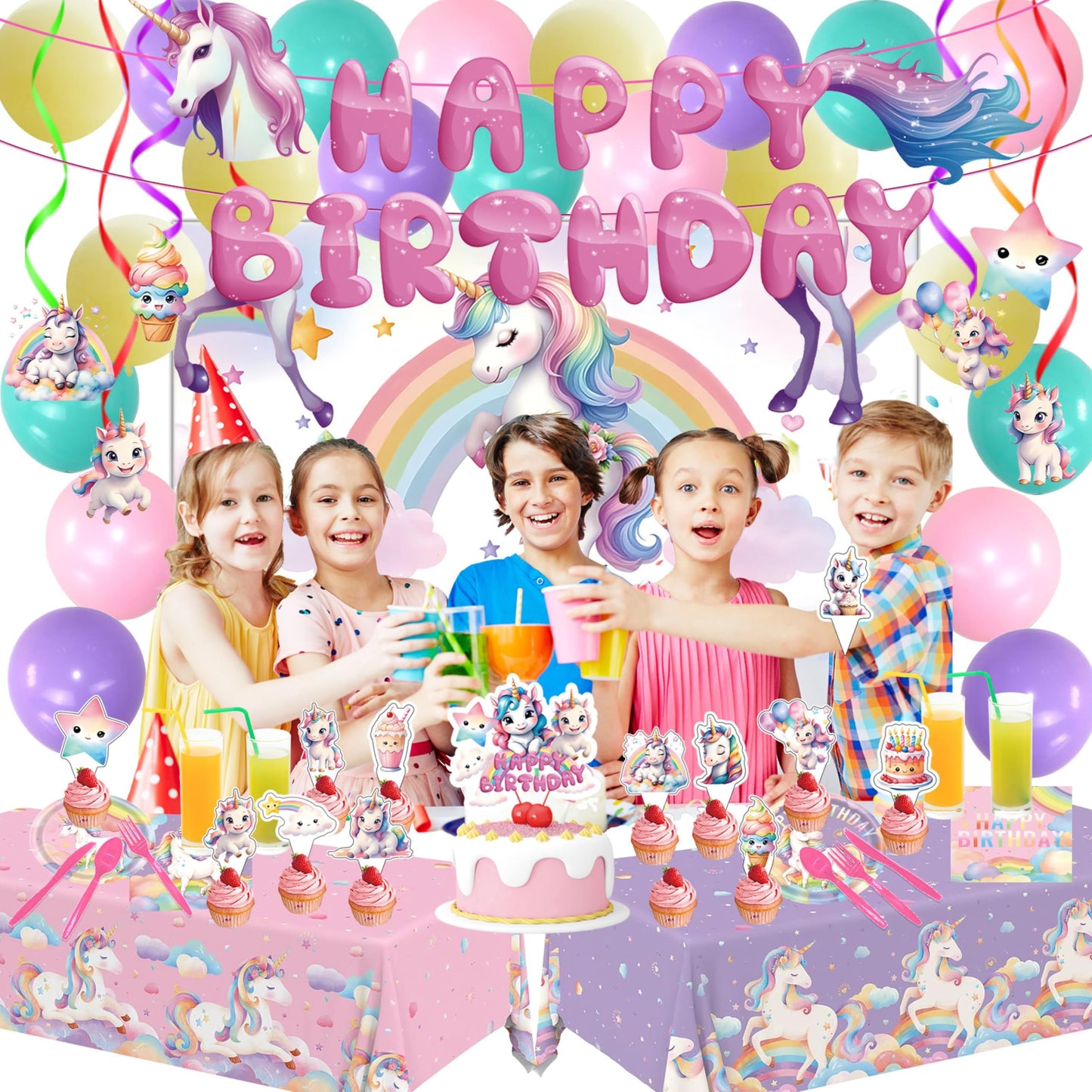 Unicorn Party Birthday Supplies - 220Pcs Unicorn Party Decorations Included Backdrop, Banner, Tablecloth, Hanging Swirls, Cupcake Toppers, Tableware, Paper Towel, Latex Balloons (BIG)