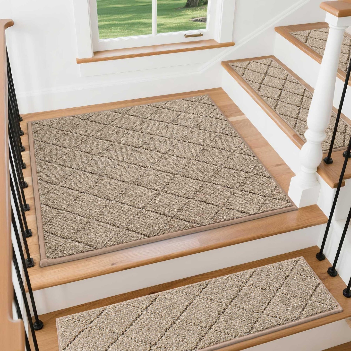 COSY HOMEER Edging Stair Treads Non-Slip Corner Indoor Stair Runners for Wooden Steps,Landing Slip Resistant Stair Rugs Mat for Kids and Dogs,100% Polyester TPE Backing,Beige,30x30 inch