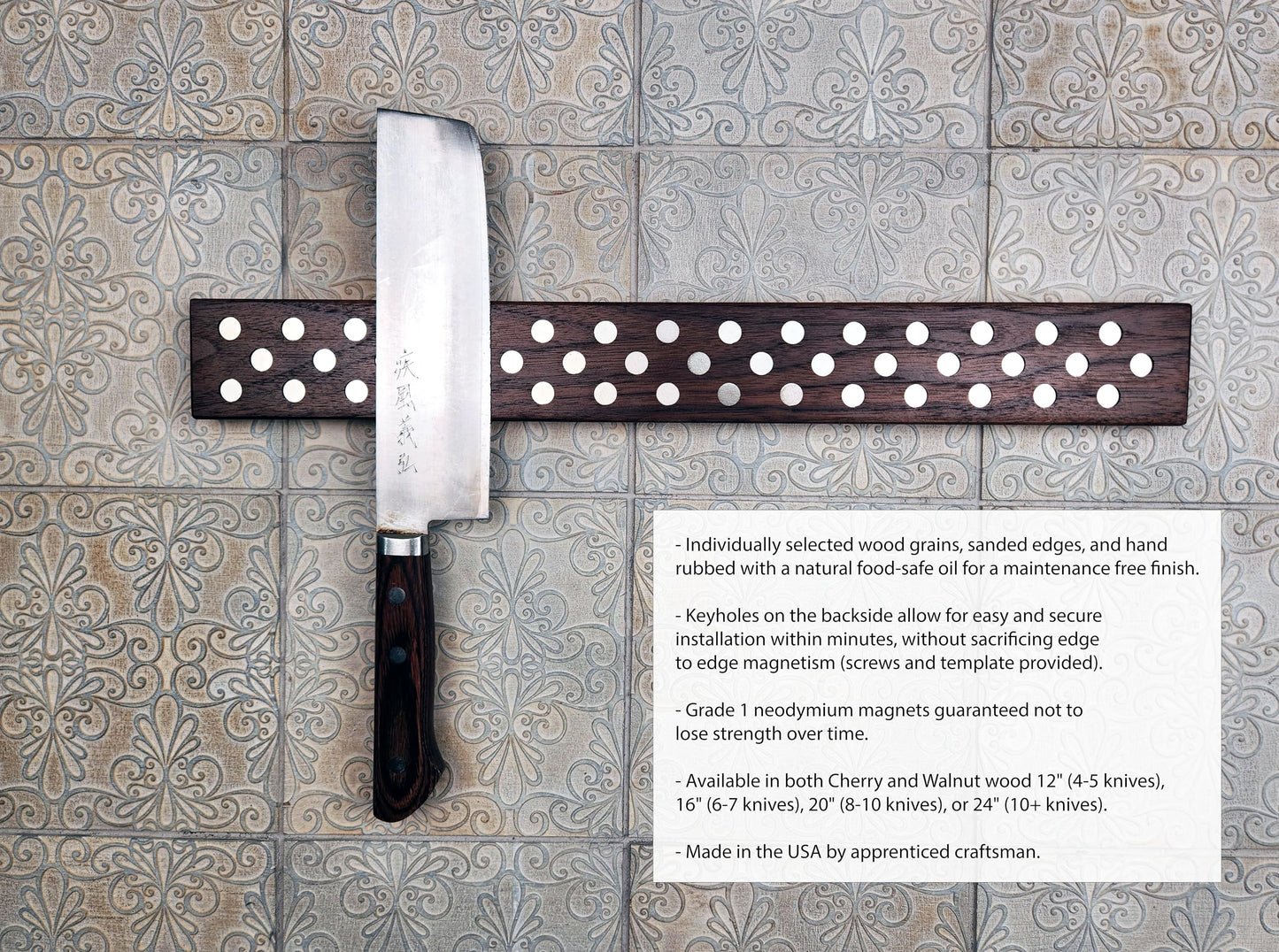 Magnetic Wooden Knife Bar Holder Strip, Cherry or Walnut, 12, 16, 20, or 24 Inch (16 Inch, Walnut)