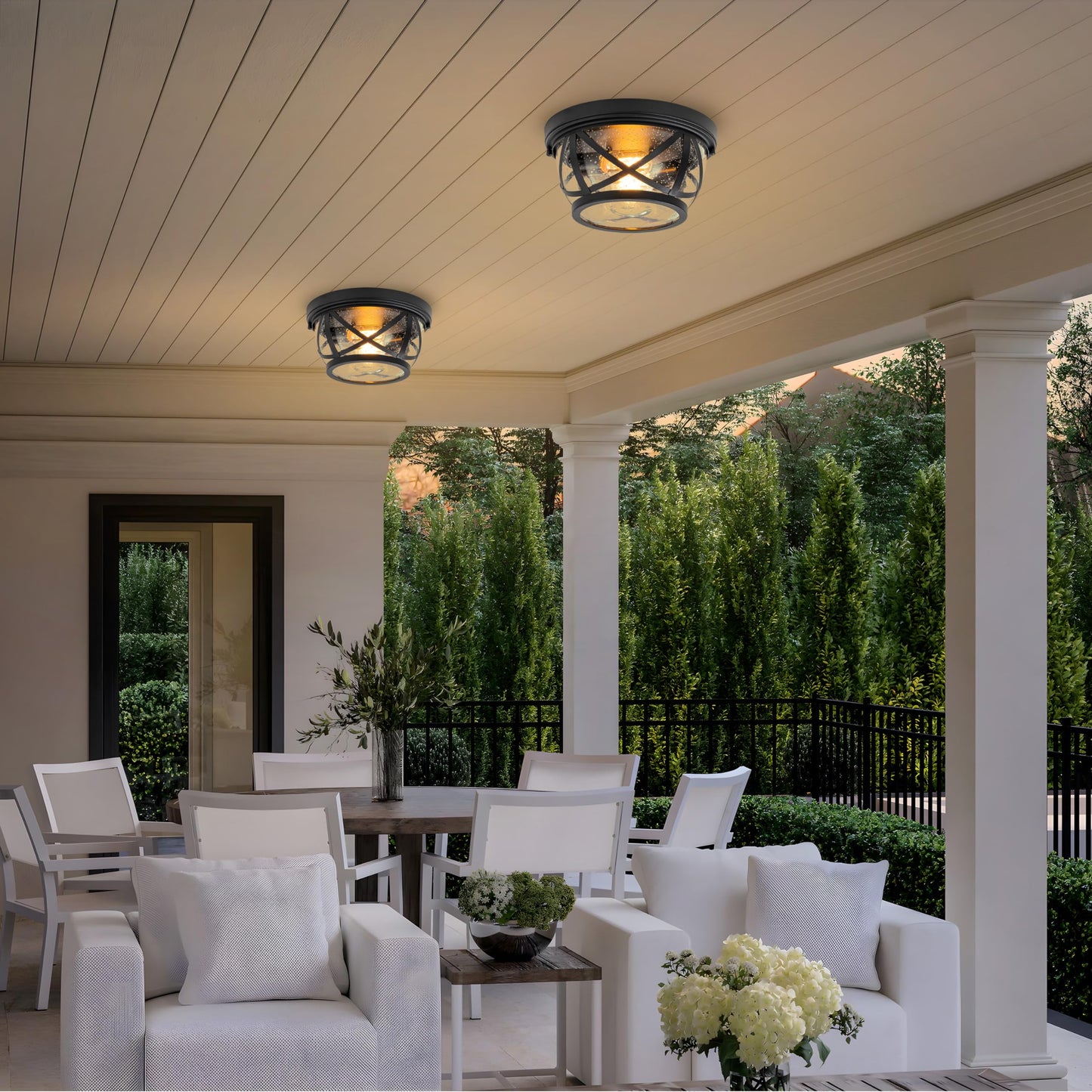 Flush Mount Ceiling Light Fixture Black, 2-Light Modern Farmhouse Porch Light Ceiling Mount for Outdoor, Indoor Flush Mount Lights Fixture for Hallway Foyer Kitchen Bathroom with Seeded Glass
