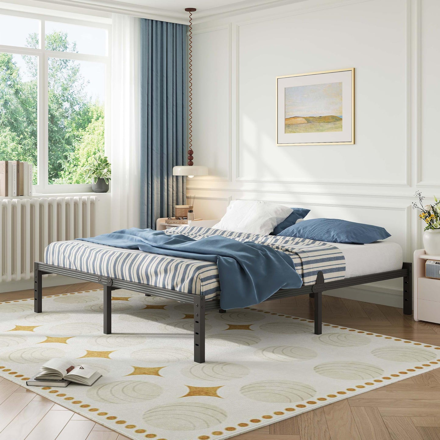 ZIYOO 14 Inch Metal Queen Bed Frame Mattress Anti-Slip Design, No Box Spring Needed, Easy Assembly, Noise-Free, Tools Included, Ideal for Bedrooms, Guest Rooms, Dorms, Hotels & B&Bs