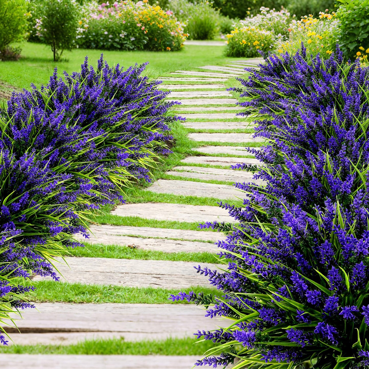 Geegoods Artificial Plants Flowers Outdoor – 48 Bundles UV Resistant Faux Lavender Flowers with Monkey Grass for Garden Porch Window Patio Hanging Planter Decor