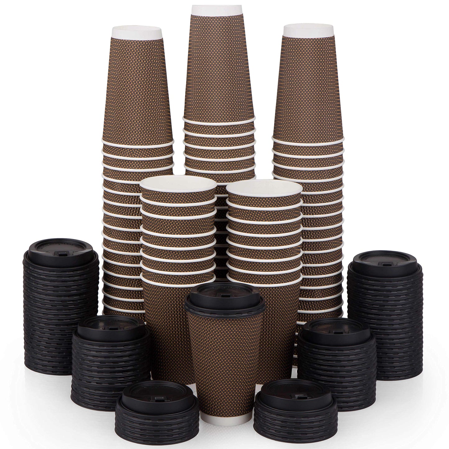 Promora Brown Disposable Coffee Cups With Lids 16 oz, Premium Insulated Paper Ripple Cups for Hot Coffee, Paper Coffee Cup with Lids (80 Pack)