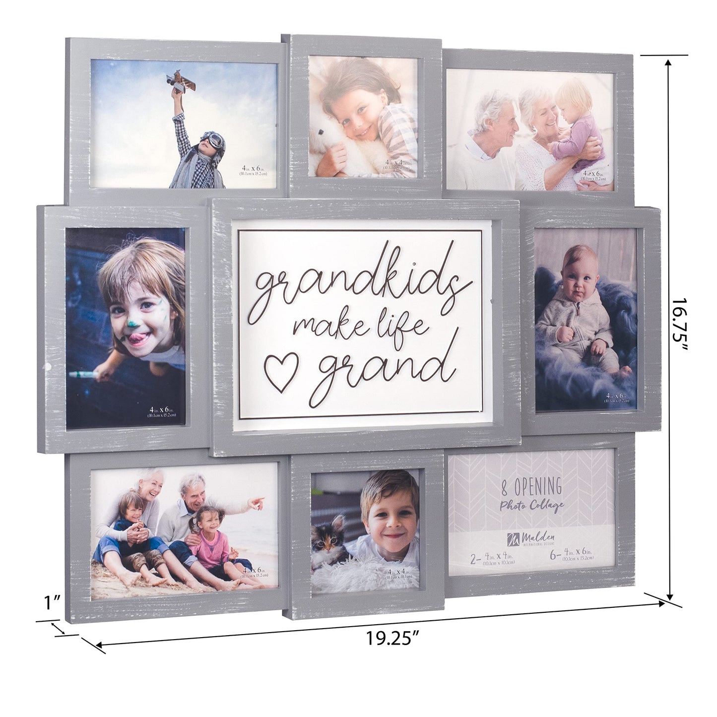 Malden International Designs Gray Grandkids Make Life Grand 8-Opening Sentiment Dimensional Picture Frame Wall Collage