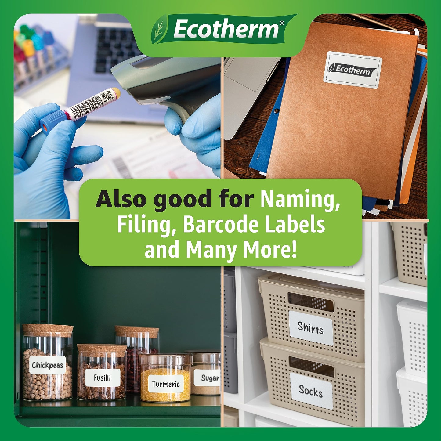 3" x 3" Thermal Labels | 4 Rolls | 2100 Labels | fits Zebra, Munbyn, Rollo, Godex, Arkscan, iDPRT, Offnova Thermal Label Printers and More | Blank White Adhesive Stickers by Ecotherm