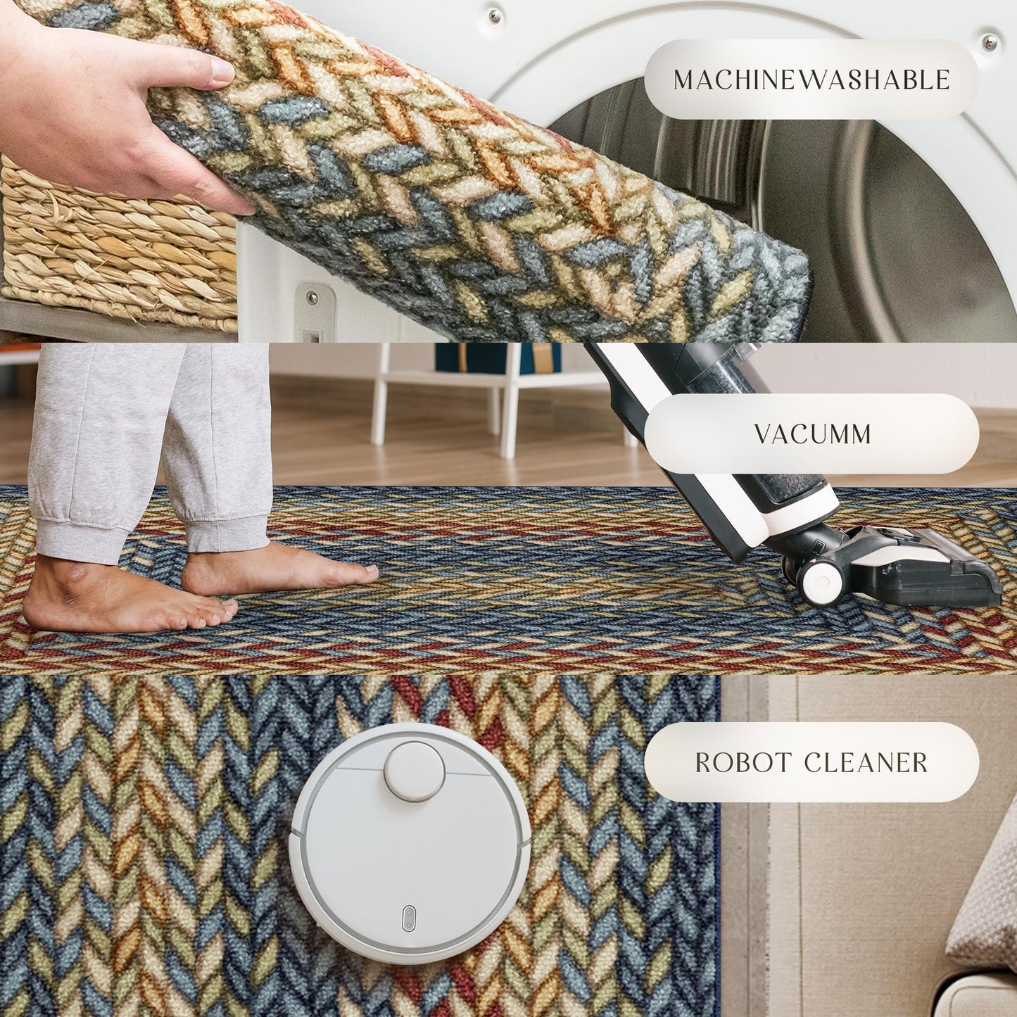 Maples Rugs Marion Bohemian Braid Design Print Runner Rug – Made in USA – Washable,Non Slip Indoor Carpet for Hallway,Kitchen, and Laundry Room, 2' x 6',Multi-Color