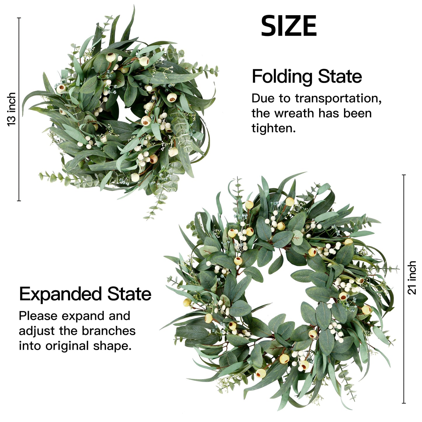 Sggvecsy Artificial Eucalyptus Wreath - 21 Inch Greenery Wreath with Green Leaves and Mixed White Berries for Spring/Summer Home Decor