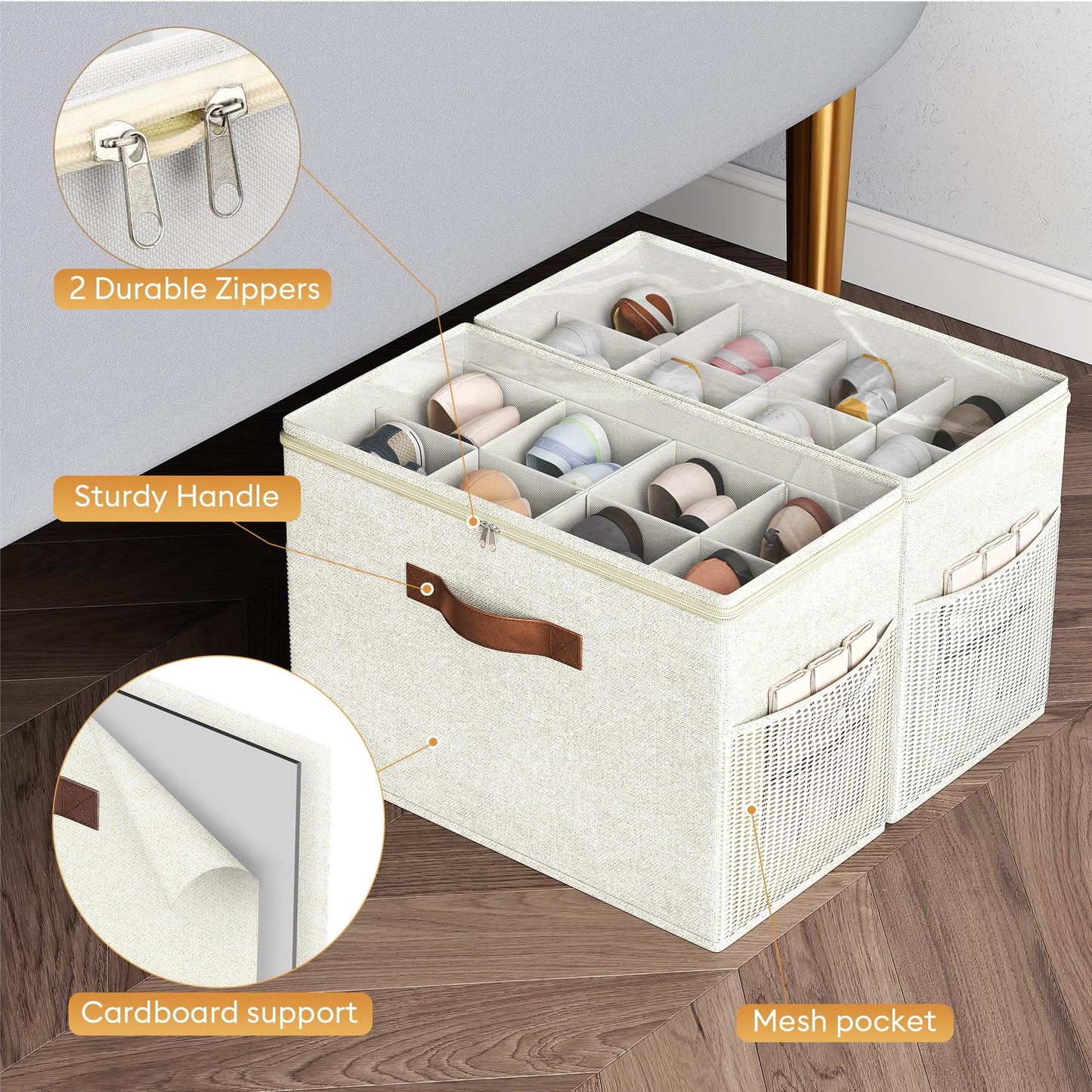 Budding Joy 2 Pack Shoe Organizer for Closet, Clear Foldable Shoe Storage Containers Adjustable Dividers Fits 16 Pairs,Shoe Storage Bins Baskets Boxes with Reinforced Handles Beige