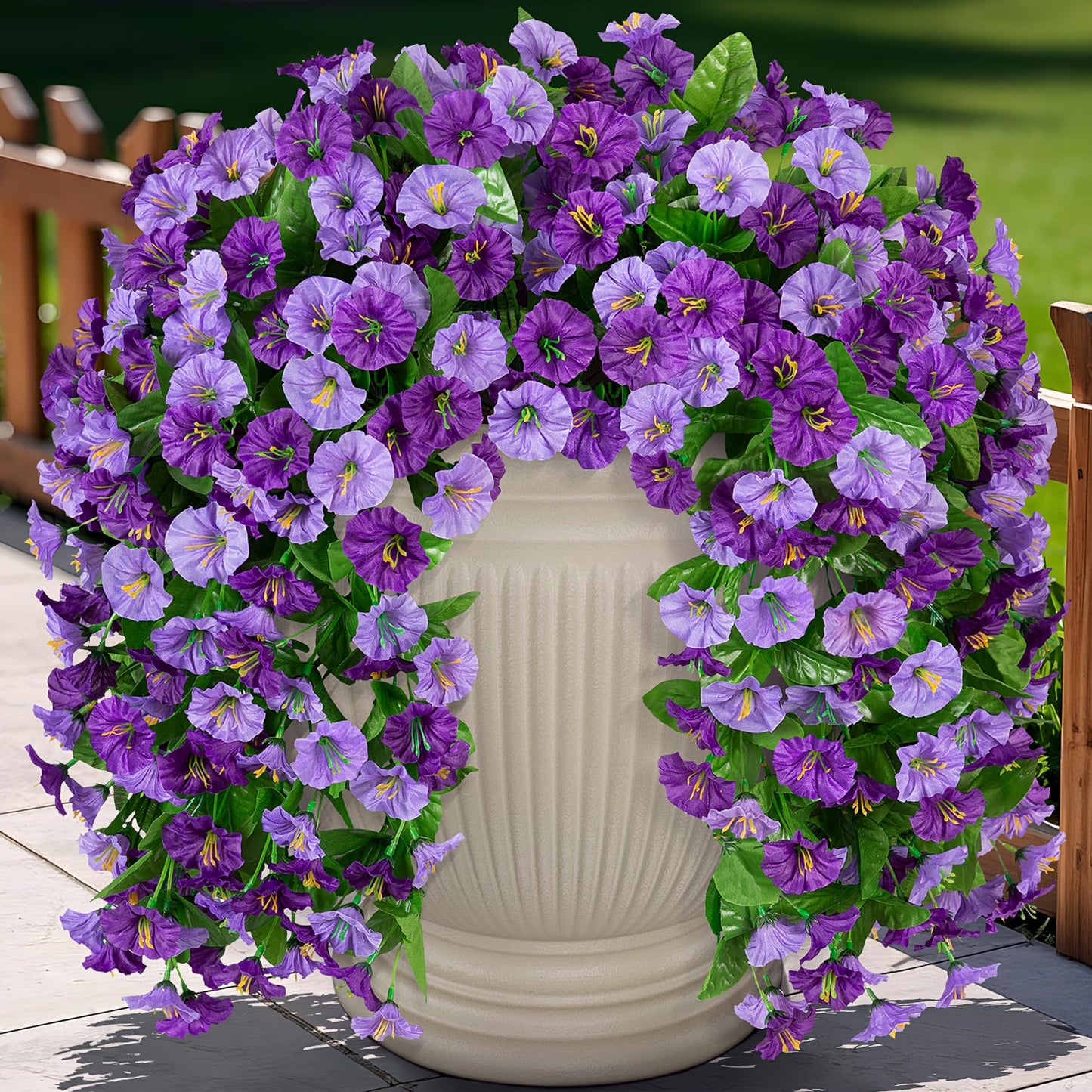 INXUGAO Artificial Flowers with Hanging Basket, Outdoor Faux Plants Silk Morning Glory Vines, Fake Green Arrangement for Garden Patio Spring Summer Decor(4 pcs,Purple)