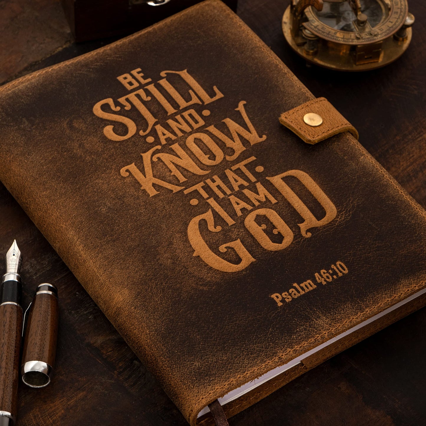 Refillable Leather Journal Lined Notebook, Bible Journal Psalm 46v10 Embossed Bible Verse | Christian Journal, Refillable Notebook for Men and Women Pen Holder & Card Slots, 200 Pages, 9 x 6 Inches