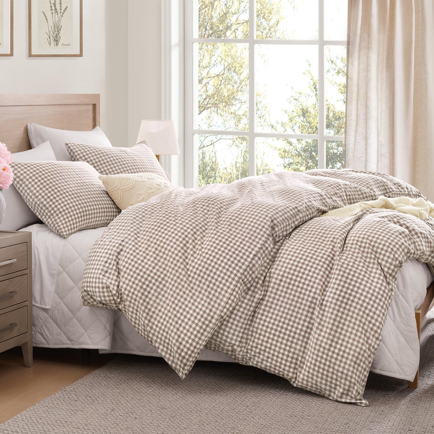 Andency Tan Gingham Duvet Cover King, 100% Wash Cotton Linen Like Textured Breathable Comforter Cover Set, 3 Piece Brown Classic Yarn-Dyed Checkered Plaid Bedding Set, 104"*90"