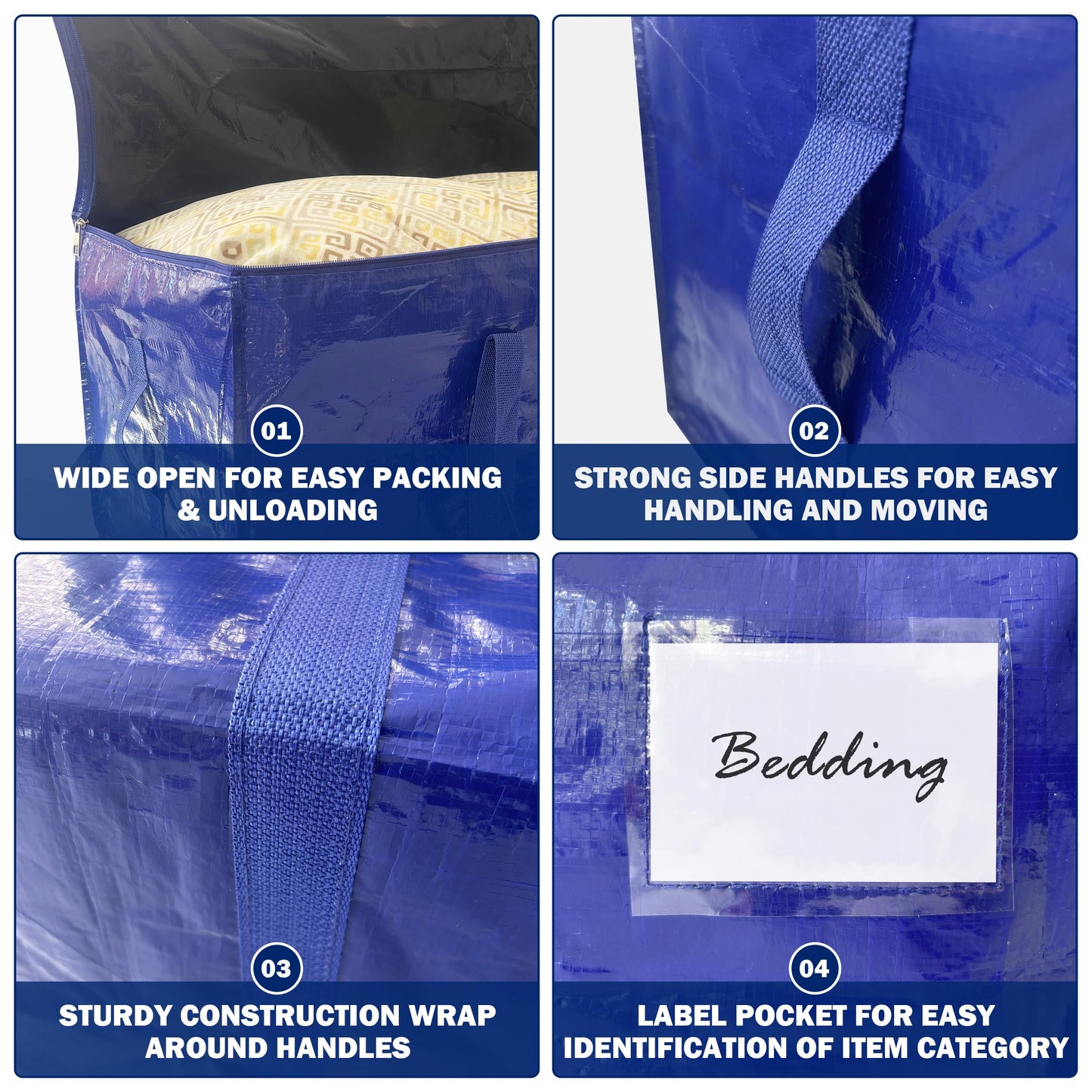16 Pack Extra Heavy Duty Large Moving Bags with Strong Zipper & Carrying Handles, Sturdy Clothes Storage Bag Totes Bins, Packing Bags Moving Boxes College Moving Supplies, Dark Blue - 24 gal