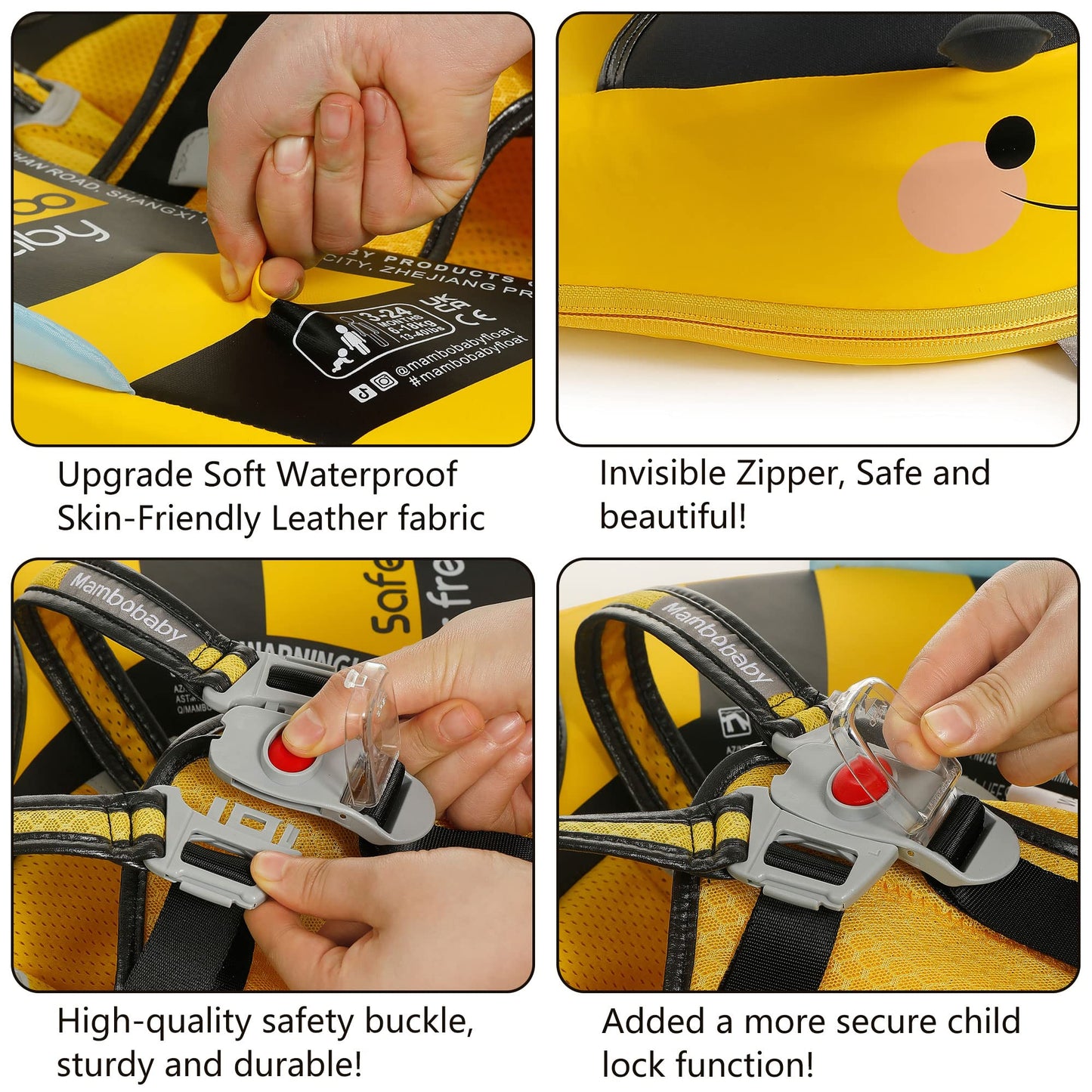 Mambobaby Float Add Tail Baby Swim Float with Canopy Solid Pool Infant Swim Trainer Swimming Training Lying Air Free Water Floats Non-Inflatable Waist Swim Ring for Toddlers (Bee)