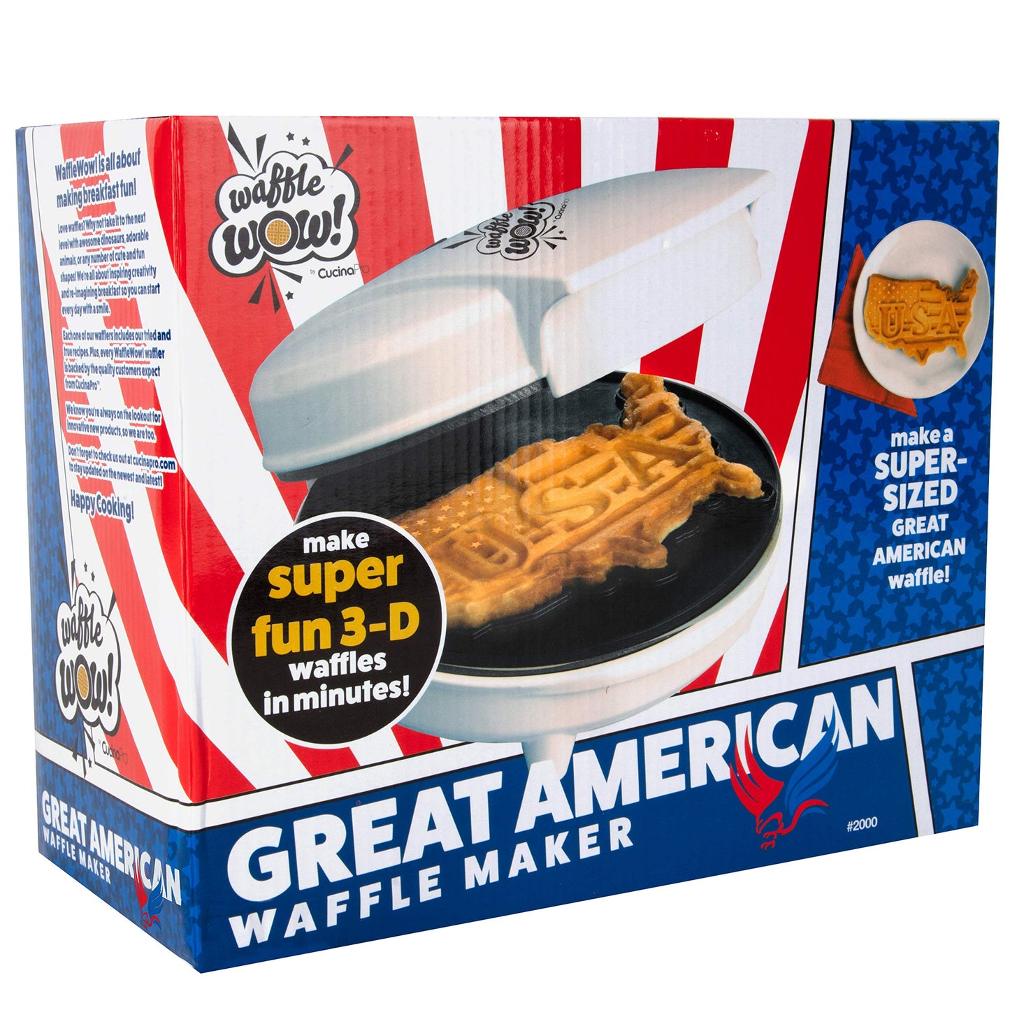 Great American USA Waffle Maker- 4th of July Must Have- Giant 7.5" Patriotic Waffles Pancakes- Electric Nonstick Waffler Iron- America Spirit Party, Summer Breakfast Baker w Recipes- Dad Novelty Gift