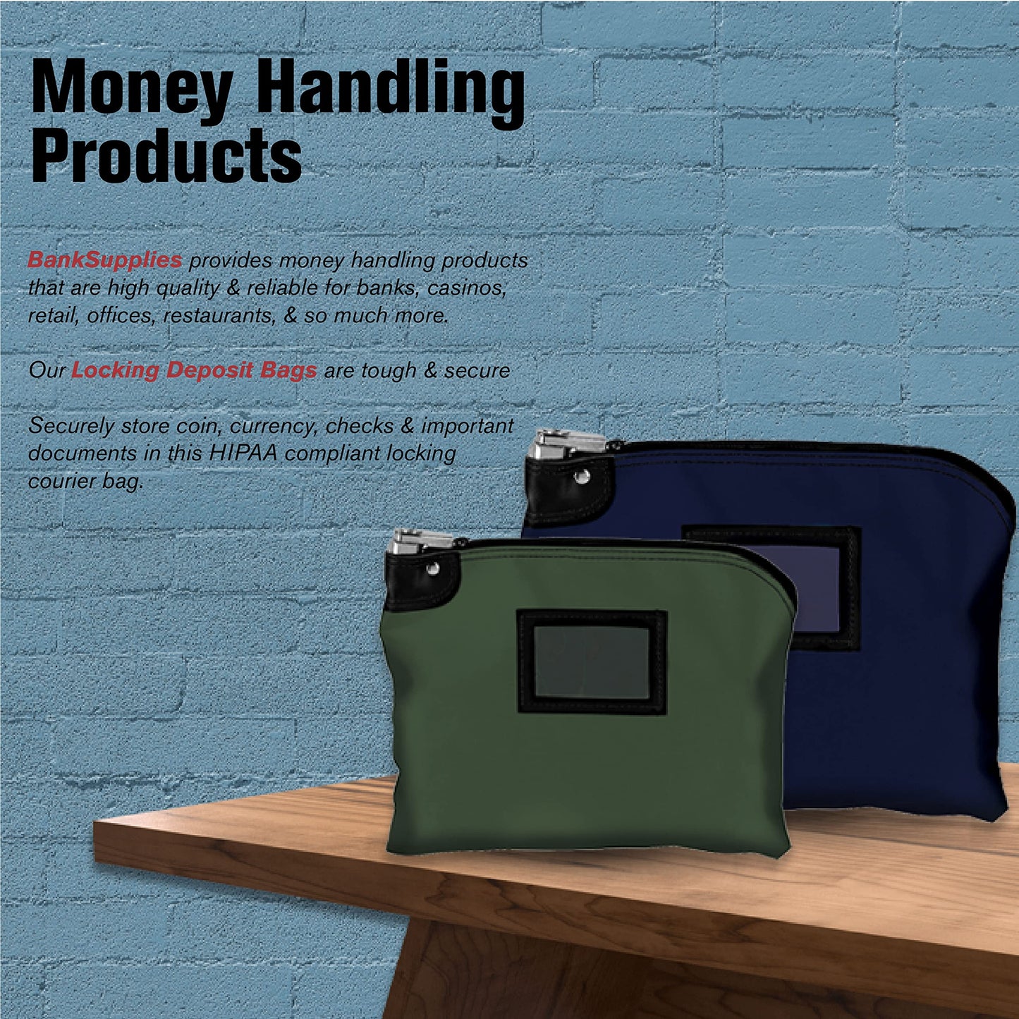 BankSupplies Laminated Nylon Locking Deposit Bags Forest Green 15 Inches W by 11 Inches H Security Bank Cash Bag Heavy-Duty Construction for Coin Currency Checks and Documents