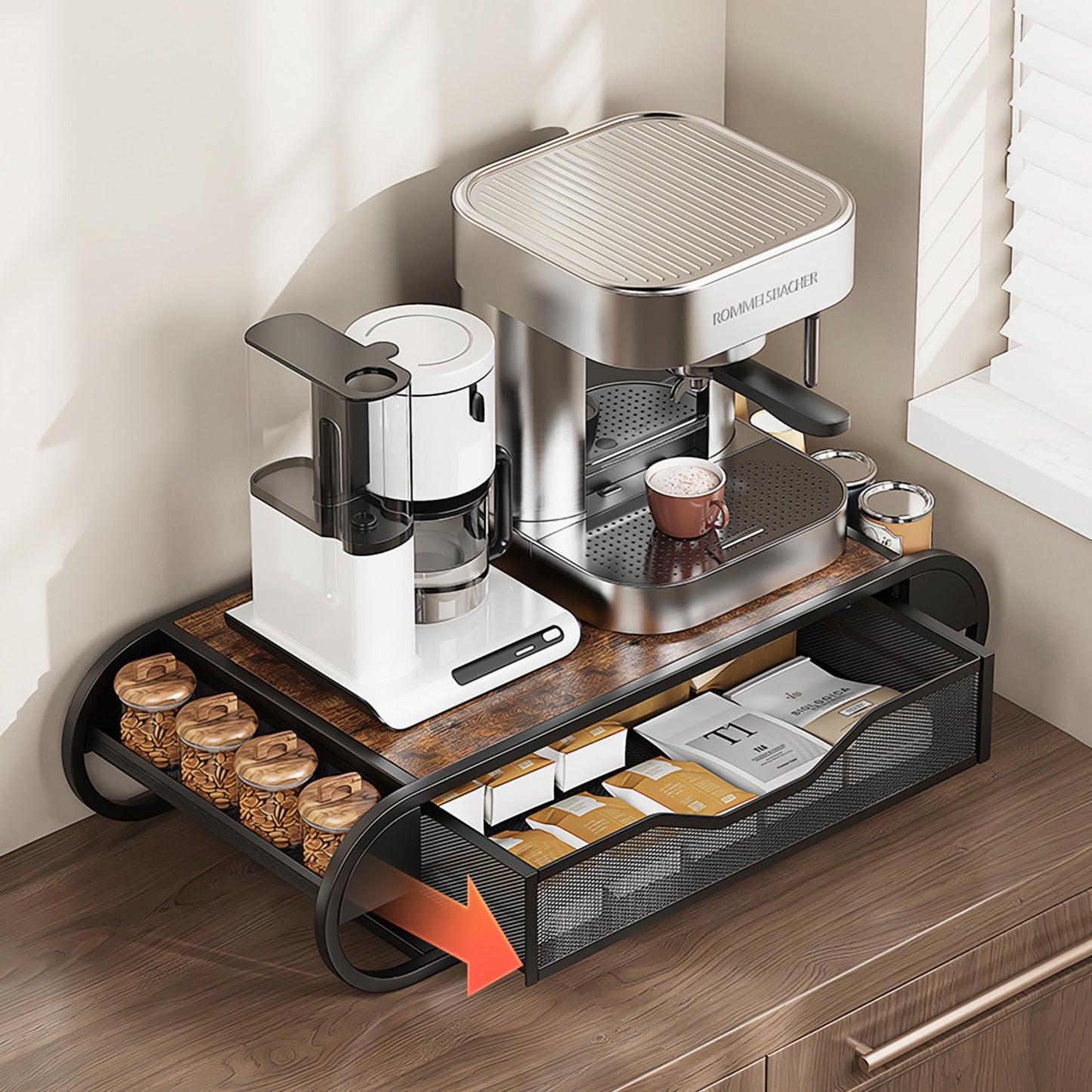 SANRETAHO Coffee Pod Holder with Drawer, Wooden Coffee Station Organizer for Countertop, K Cup Storage Rack and Kitchen Organizer, Rustic Brown