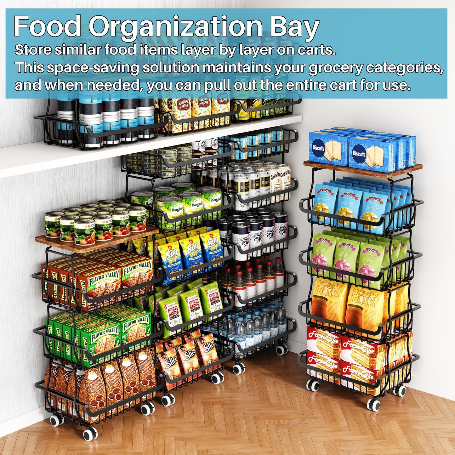 5 Tier Vegetable Fruit Basket for Kitchen, Stackable Metal Fruit and Vegetable Storage Baskets with Rolling Wheels Cart, Pantry organizers and storage for Kitchen Bathroom Livingroom Laundry room Cart