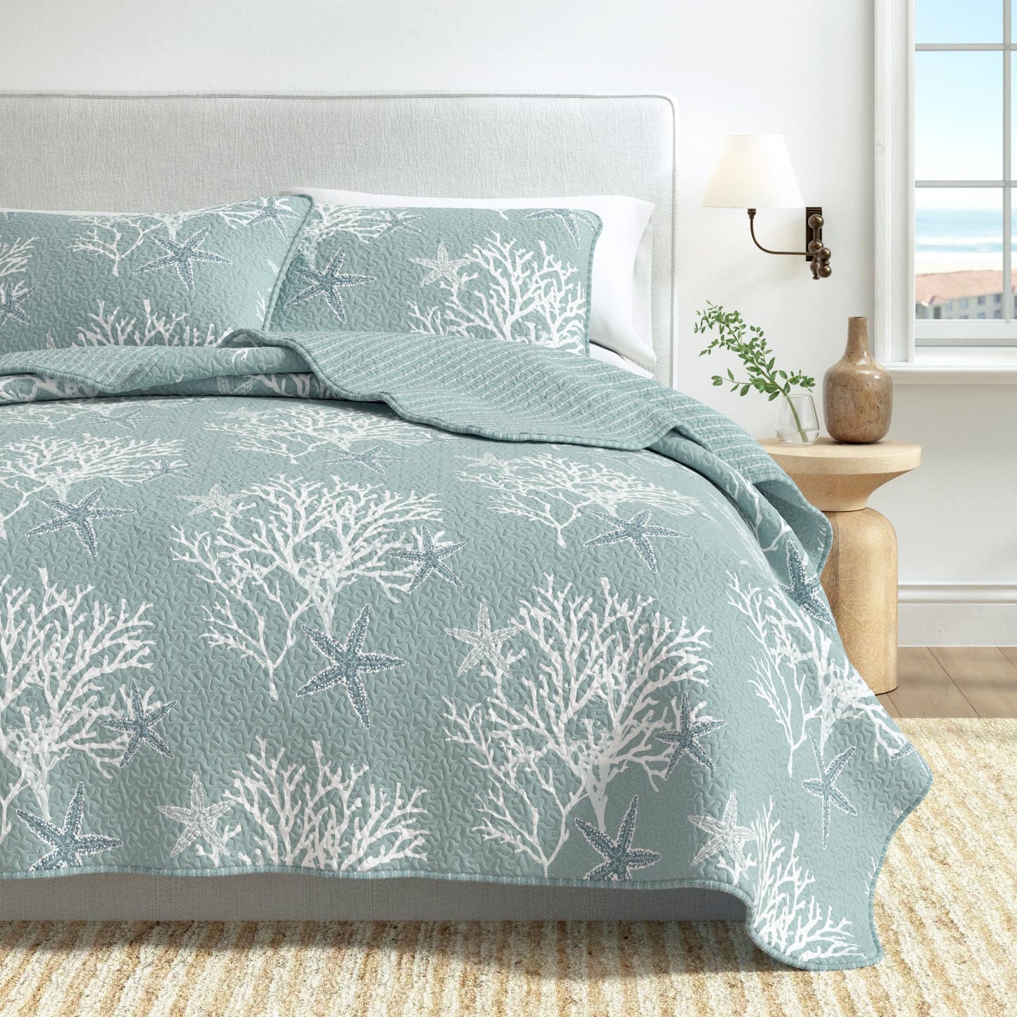 Great Bay Home Coastal Quilt Set - 3-Piece Full/Queen Size Nautical Bedding Set - Lightweight, All-Season, Reversible Bedspread (Ether Blue)