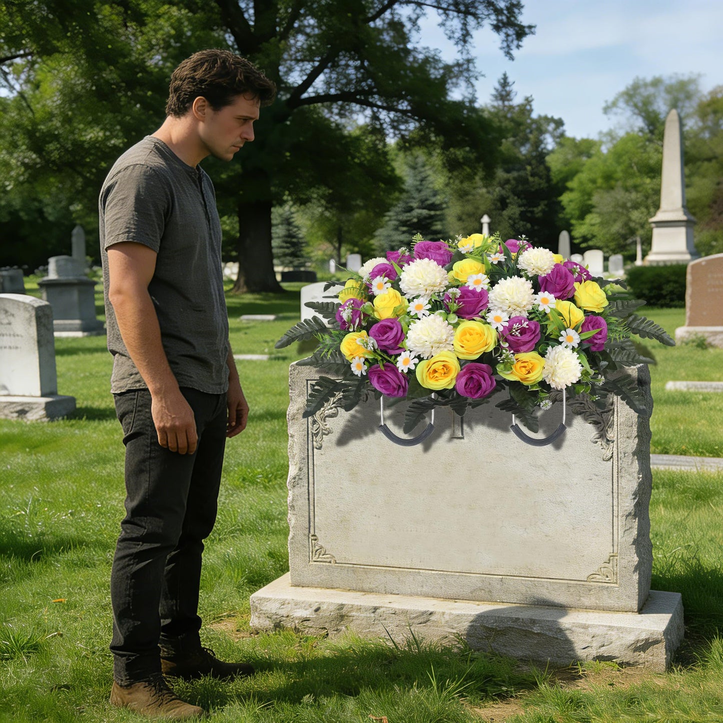 Wocst Headstone Flower Saddle,Large Artificial Cemetery Flowers for Grave Roses & Chrysanthemums Cemetery Memorial Flowers for Outdoor Grave Decorations (Purple)