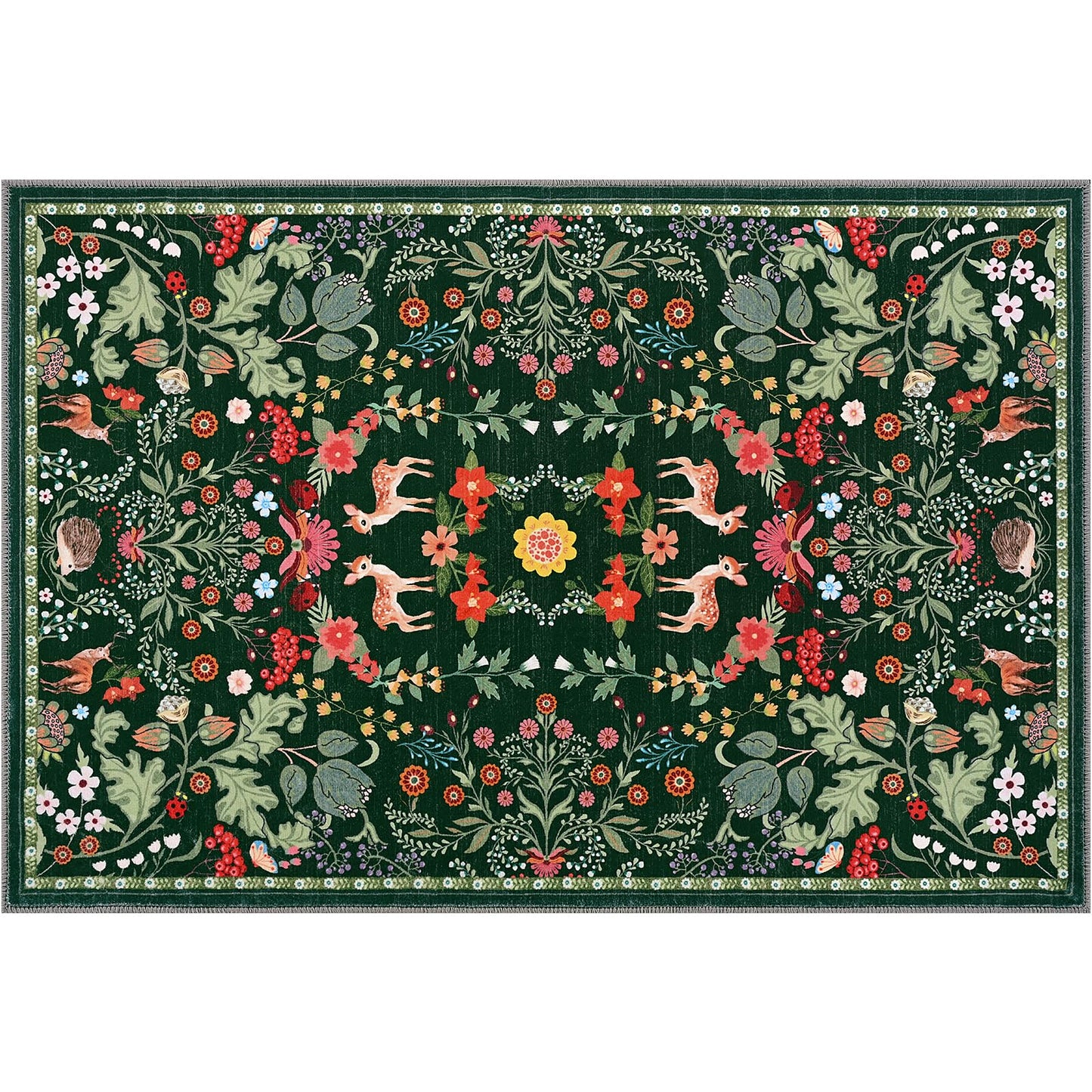 Yinhua 8x10 Area Rugs Floral Washable Rugs for Living Room Green Rug Non Slip Soft Low Pile Faux Wool Botanical Throw Rug for Bedroom, Dining Room, Office, Home Decor, Green