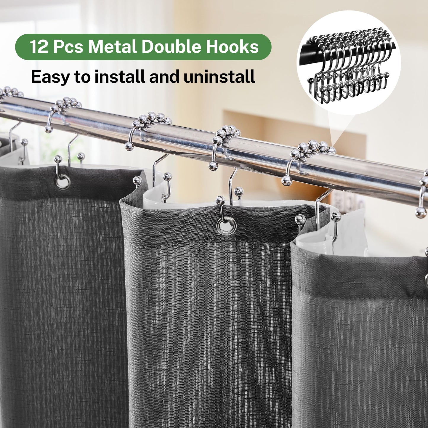 Lameirose Grey Shower Curtain and Liner, 3 in 1 Shower Curtain Set with 12 Double Sided Shower Curtain Hooks, Cloth Shower Curtains for Bathroom,Waterproof, 72" W*72" H