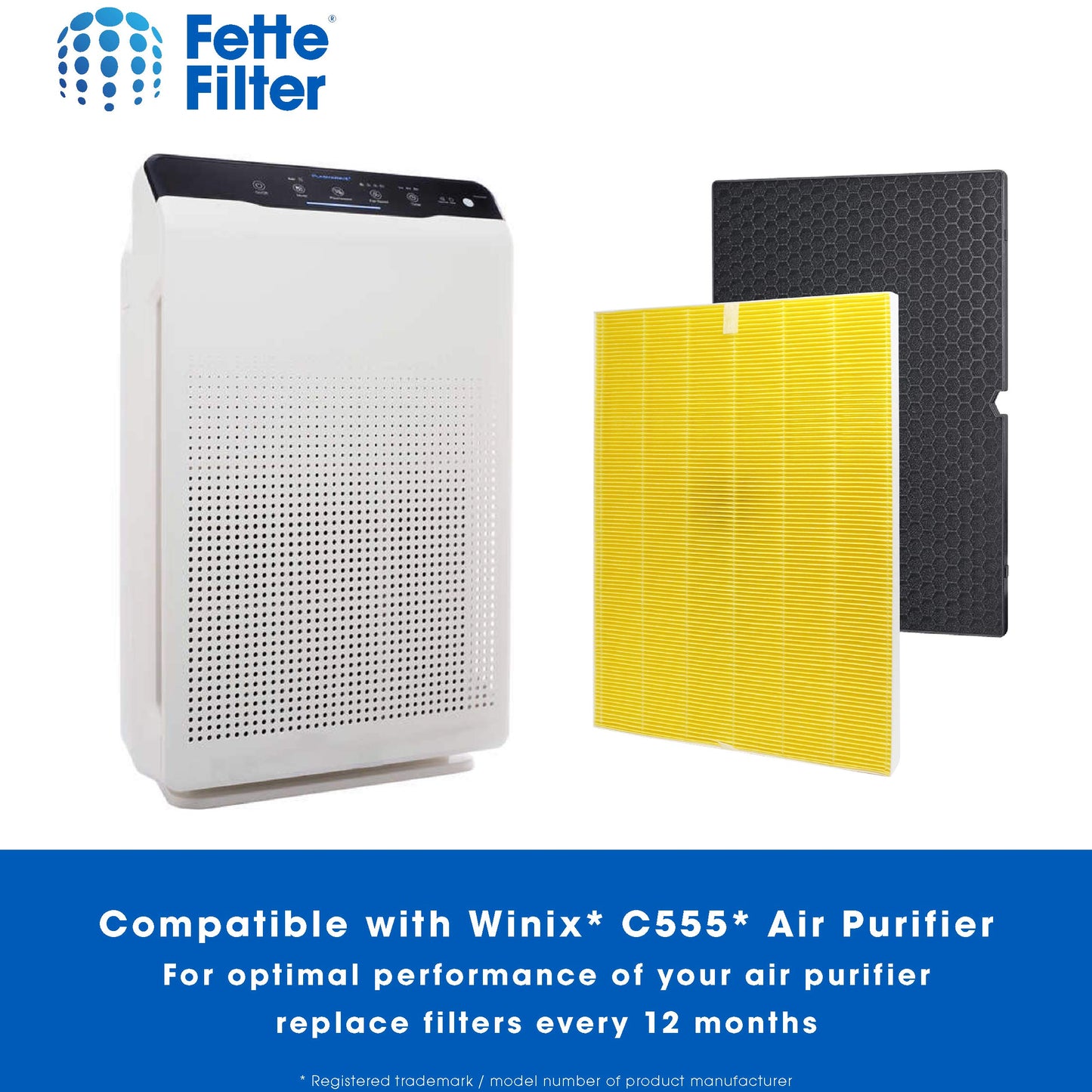 Fette Filter - 116131 H13 True HEPA Replacement Filter I Compatible with Winix Filter I for C555 Air Cleaner Includes 2 HEPA Filters + 2 Washable Enhanced Activated Carbon # 116131
