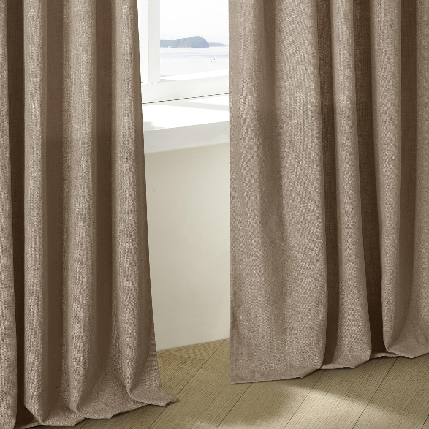 TWODRAPES Pinch Pleated Neutral Linen Curtains 2 Panels Set Living Room Dining Pinch Pleat Back Tab Light Filtering Farmhouse Boho Retro Window Curtain Drapes 84 Inch Length Latte Tan Brown