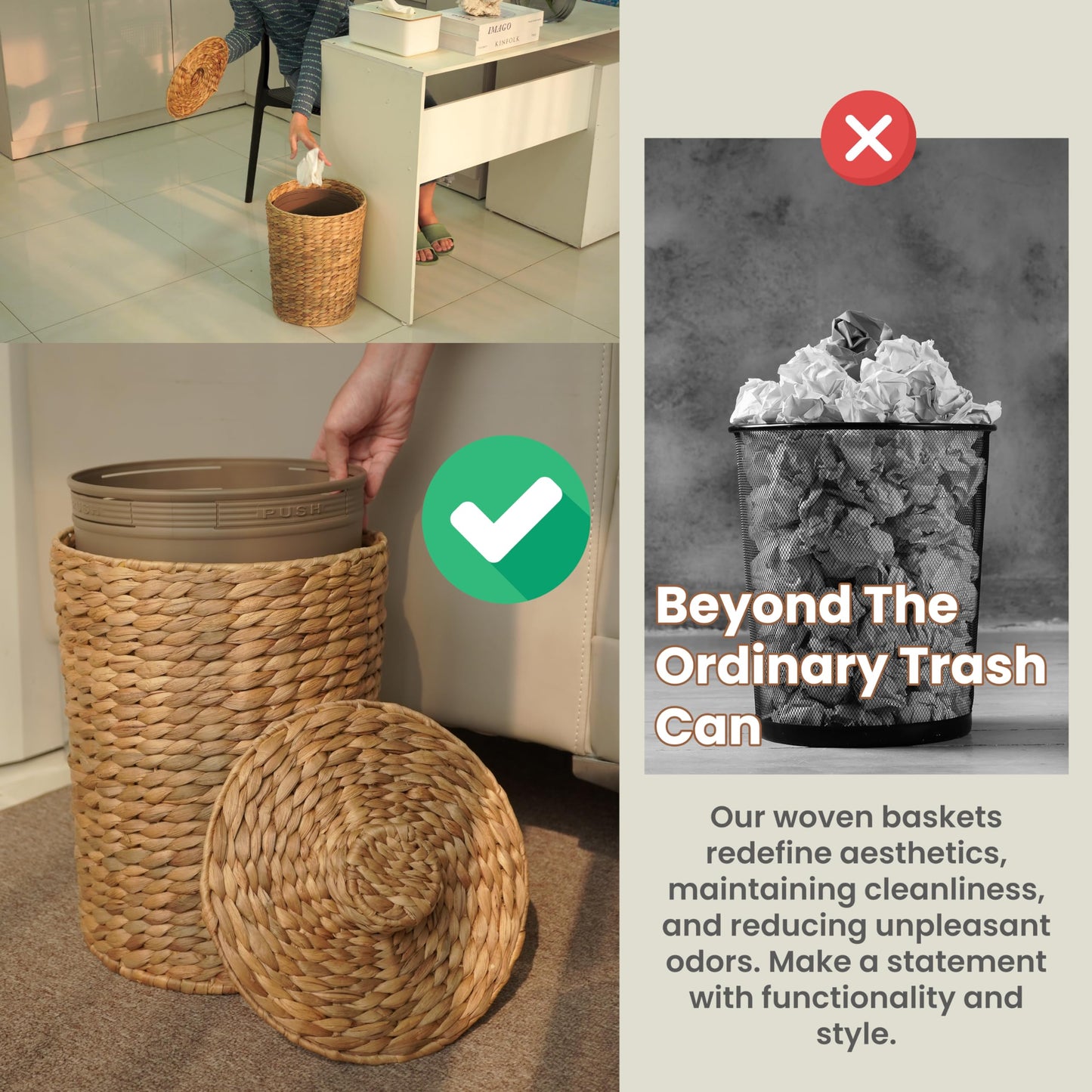 Tidita 4 Gallons Wicker Waste Basket - Water Hyacinth Bathroom Garbage Can with a Lid - Bathroom Trash Can Boho Style - Wicker Trash Can with Lid for Household, Kitchen - Removable Liner, Iron Frame