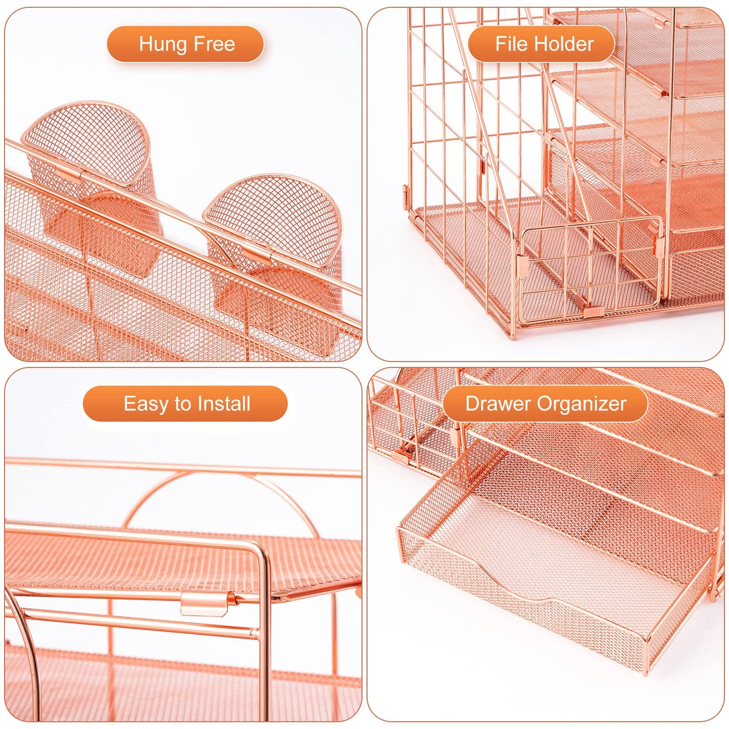 Marbrasse Rose Gold Desk Organizer with File Holder, 5-Tier Paper Letter Tray Organizer and Drawer, Mesh Desktop Storage with Magazine Holder for Office Supplies