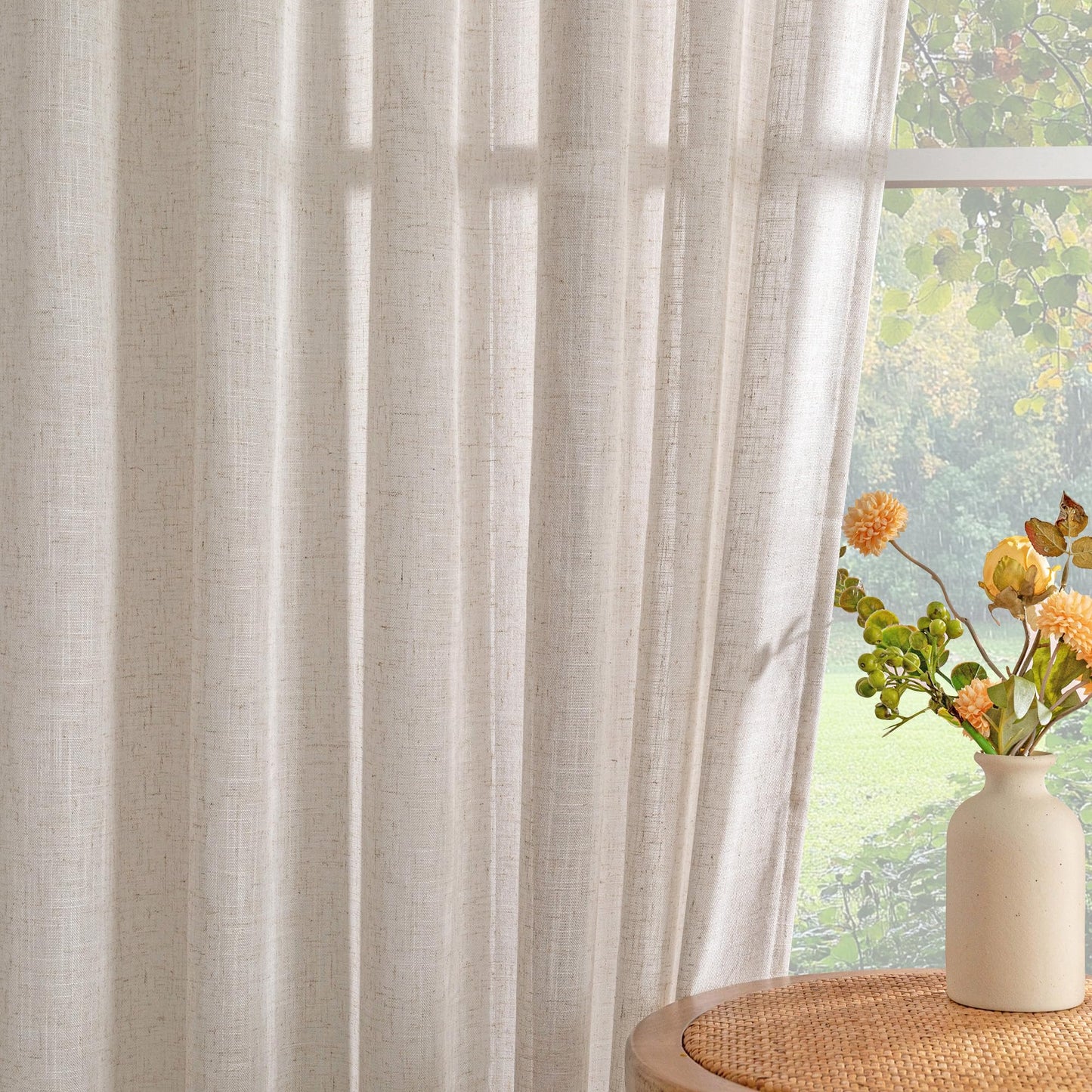 MYSKY HOME Natural Linen Curtains for Living Room, Semi Sheer Curtains & Drapes 84 inches Length 2 Panels Set Farmhouse Country Style Back Tab Draperies for Sliding Glass Door, 50" Wide, Linen